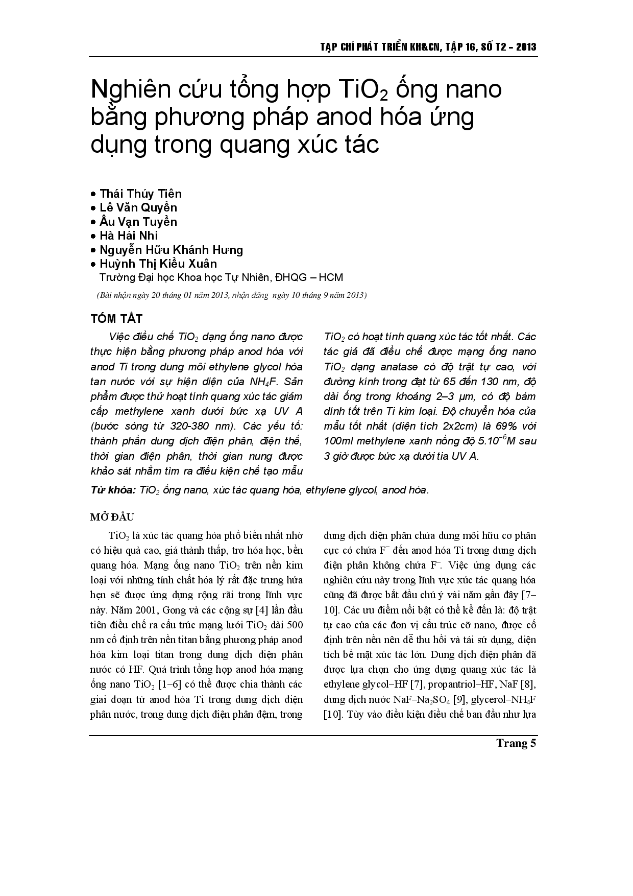 Tổng hợp ống nano TiO2 bằng phương pháp anod hóa điện hóa cho ứng dụng quang xúc tác