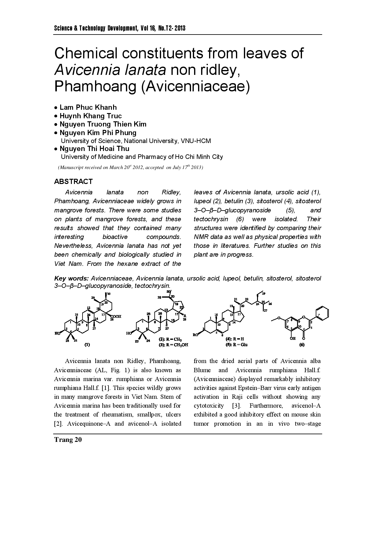 Thành phần hóa học từ lá Mấm biển (Avicennia lanata non ridley), họ Phạm thảo (Avicenniaceae)