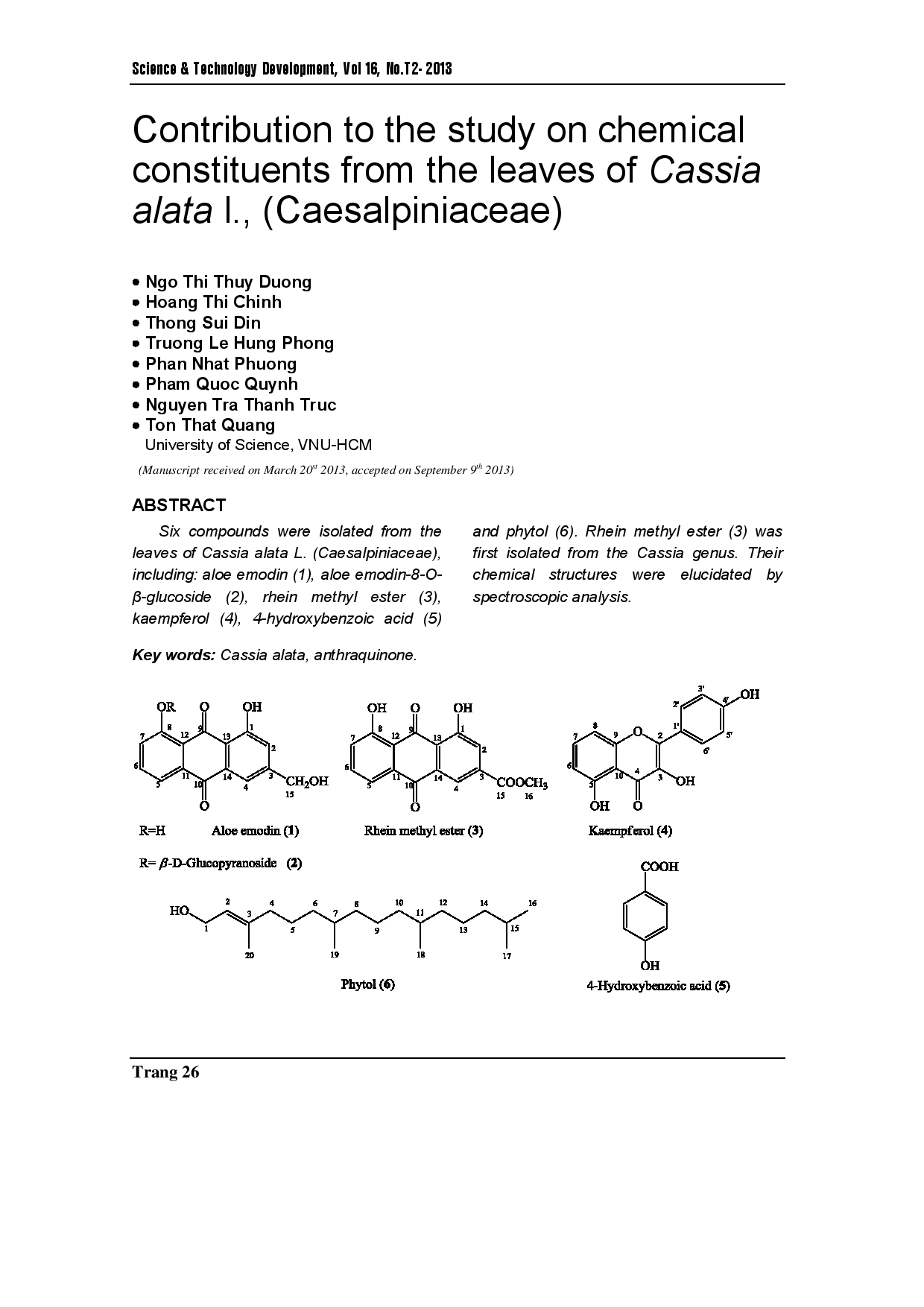 Đóng góp vào việc nghiên cứu các thành phần hóa học từ lá của cây Cassia alata l., (Caesalpiniaceae)