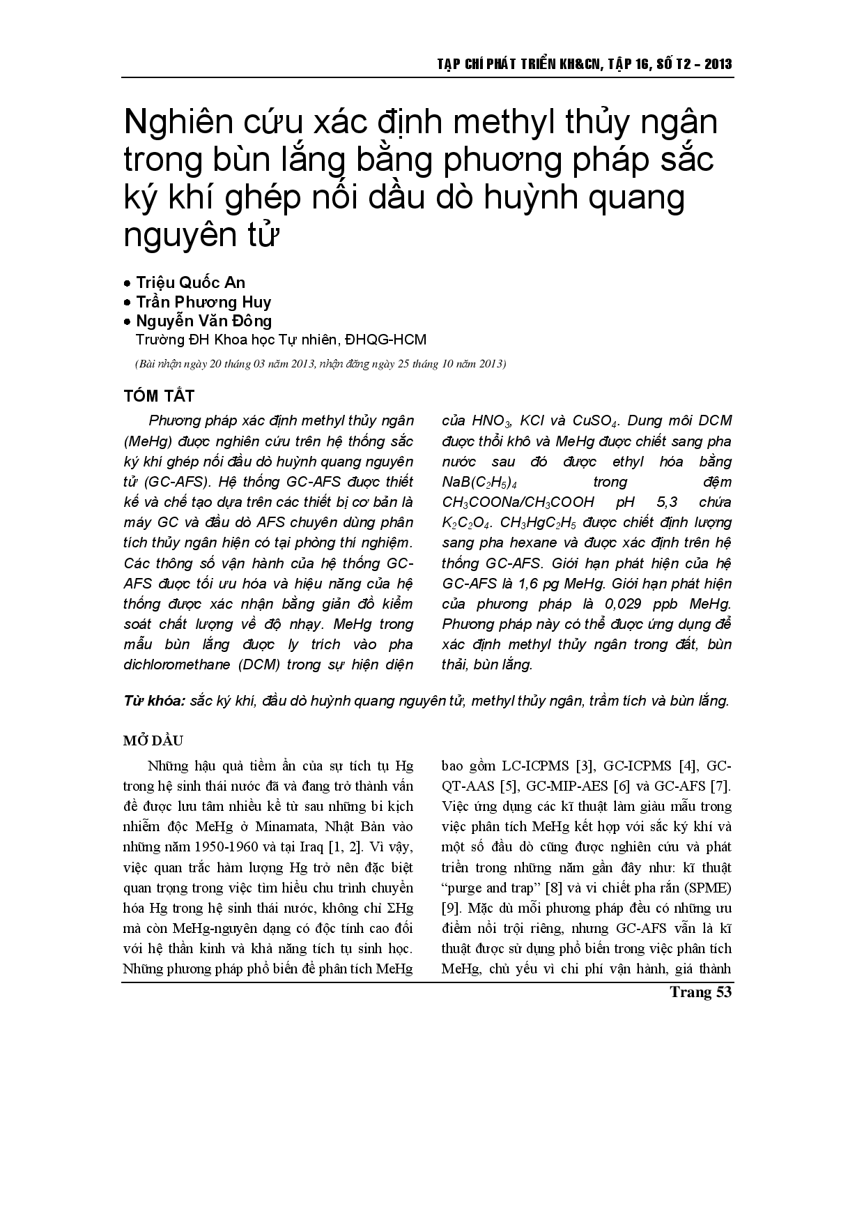 Phát triển phương pháp xác định metyl thủy ngân trong các mẫu trầm tích sử dụng sắc ký khí với phát hiện huỳnh quang nguyên tử