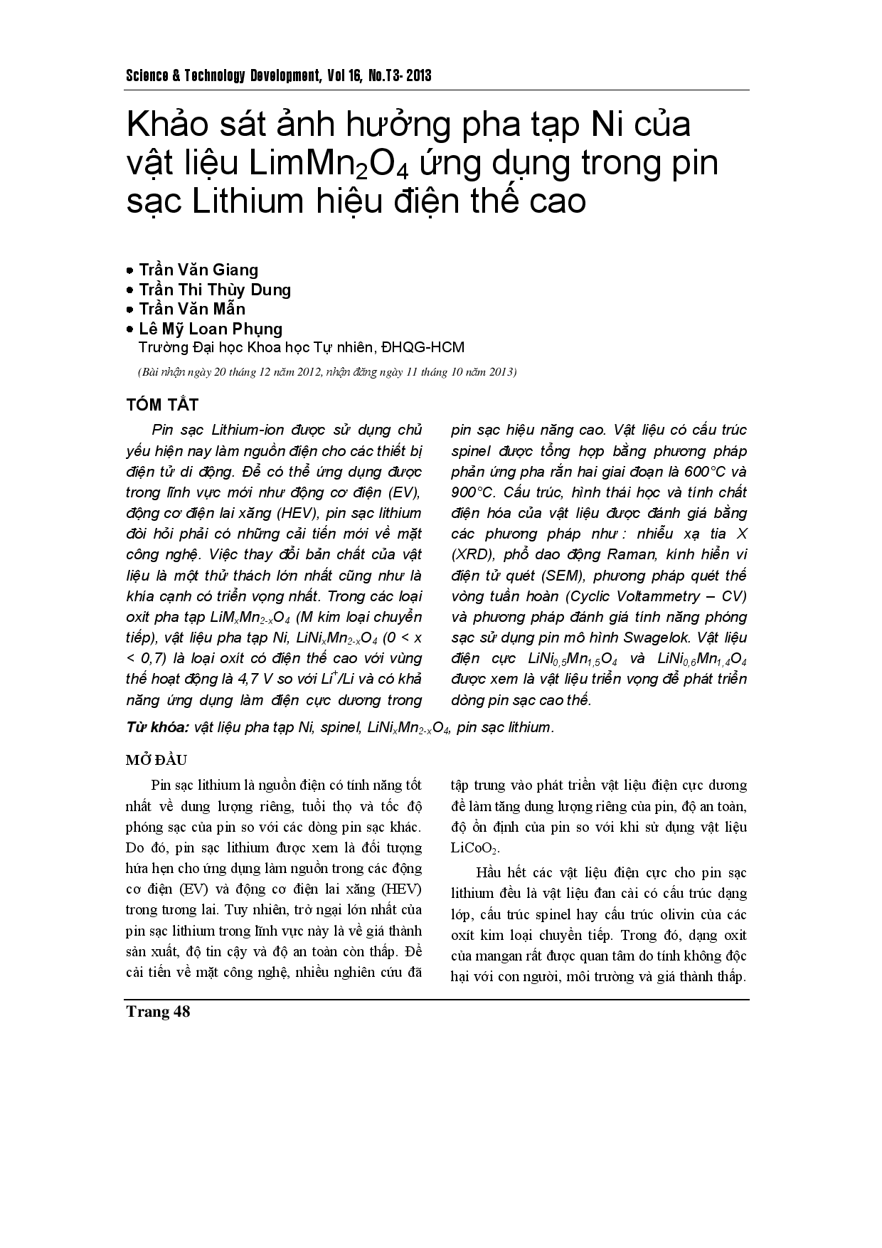 Khảo sát LiMn2O4 pha tạp Ni dùng làm vật liệu catốt cho pin Lithium điện áp cao