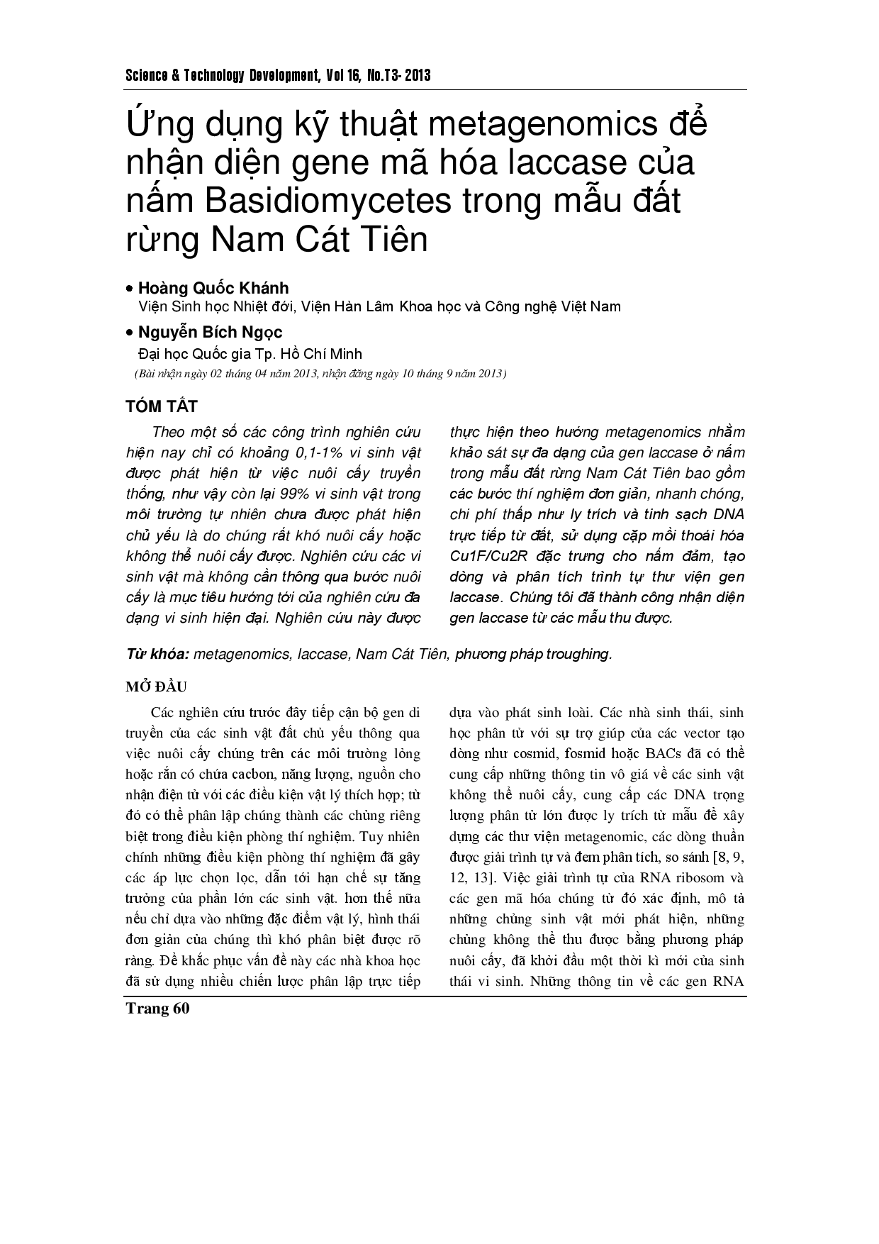 Xác định gen Basidiomycetes laccase trên đất rừng Nam Cát Tiên bằng phương pháp đo lường