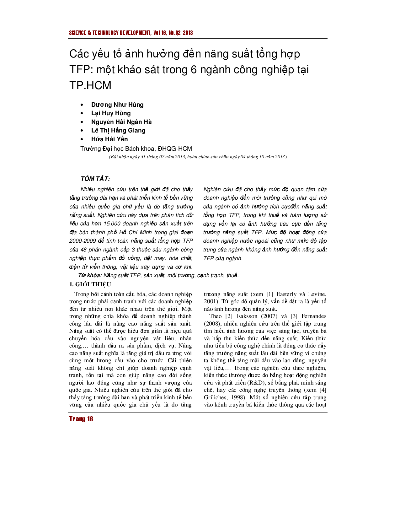 Các yếu tố ảnh hưởng đến năng suất TFP: một cuộc khảo sát tại 6 ngành công nghiệp ở thành phố Hồ Chí Minh