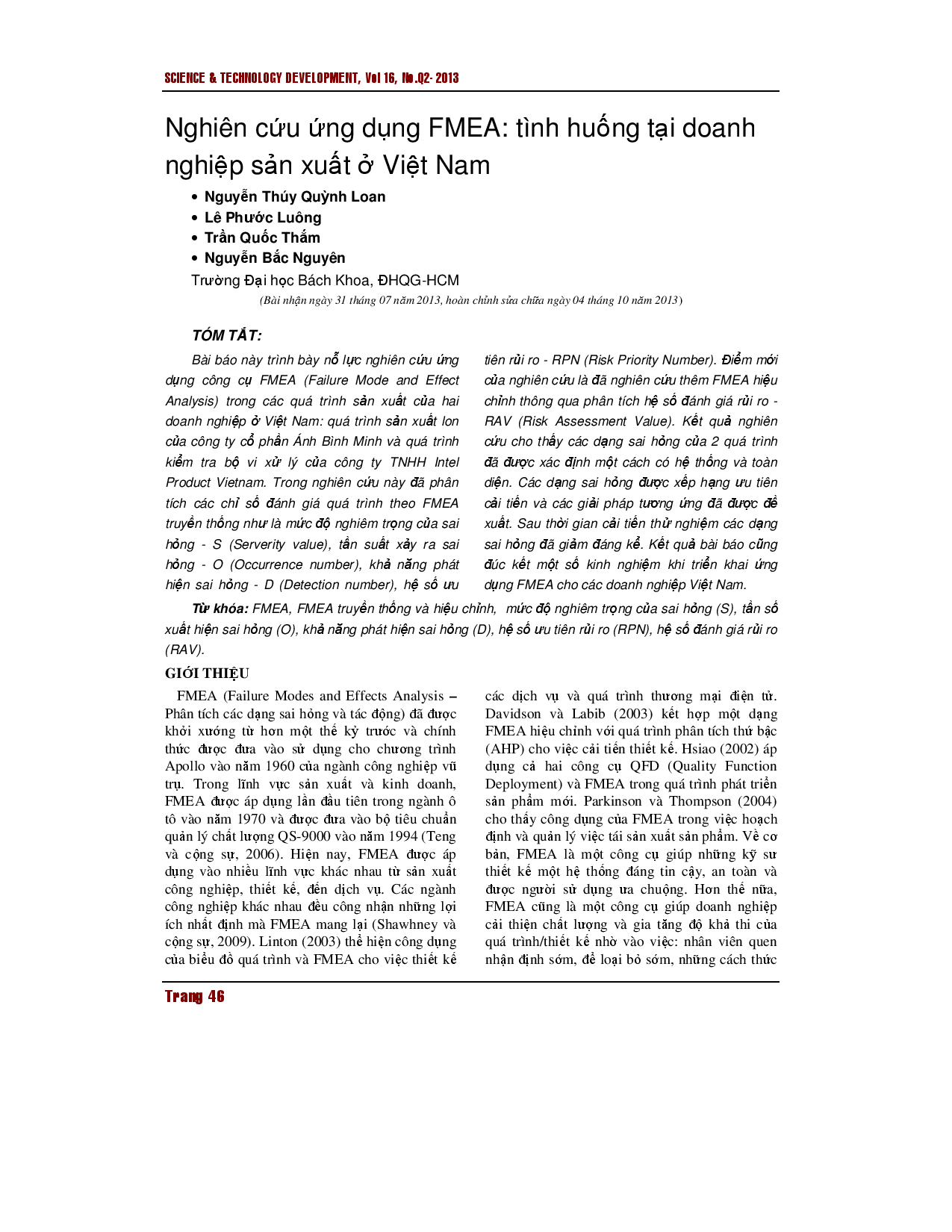 Một nghiên cứu về việc thực hiện FMEA: các trường hợp của các công ty sản xuất cơ khí ở Việt Nam