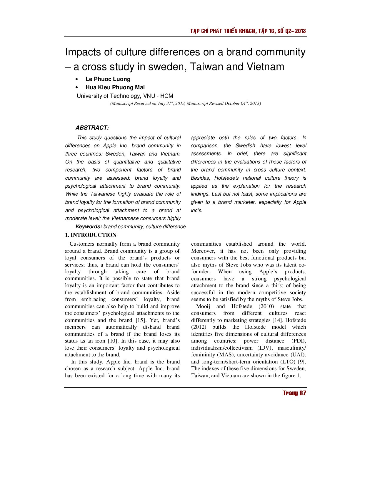 Tác động của sự khác biệt văn hóa đối với cộng đồng thương hiệu - một nghiên cứu chéo ở Thụy Điển, Đài Loan và Việt Nam