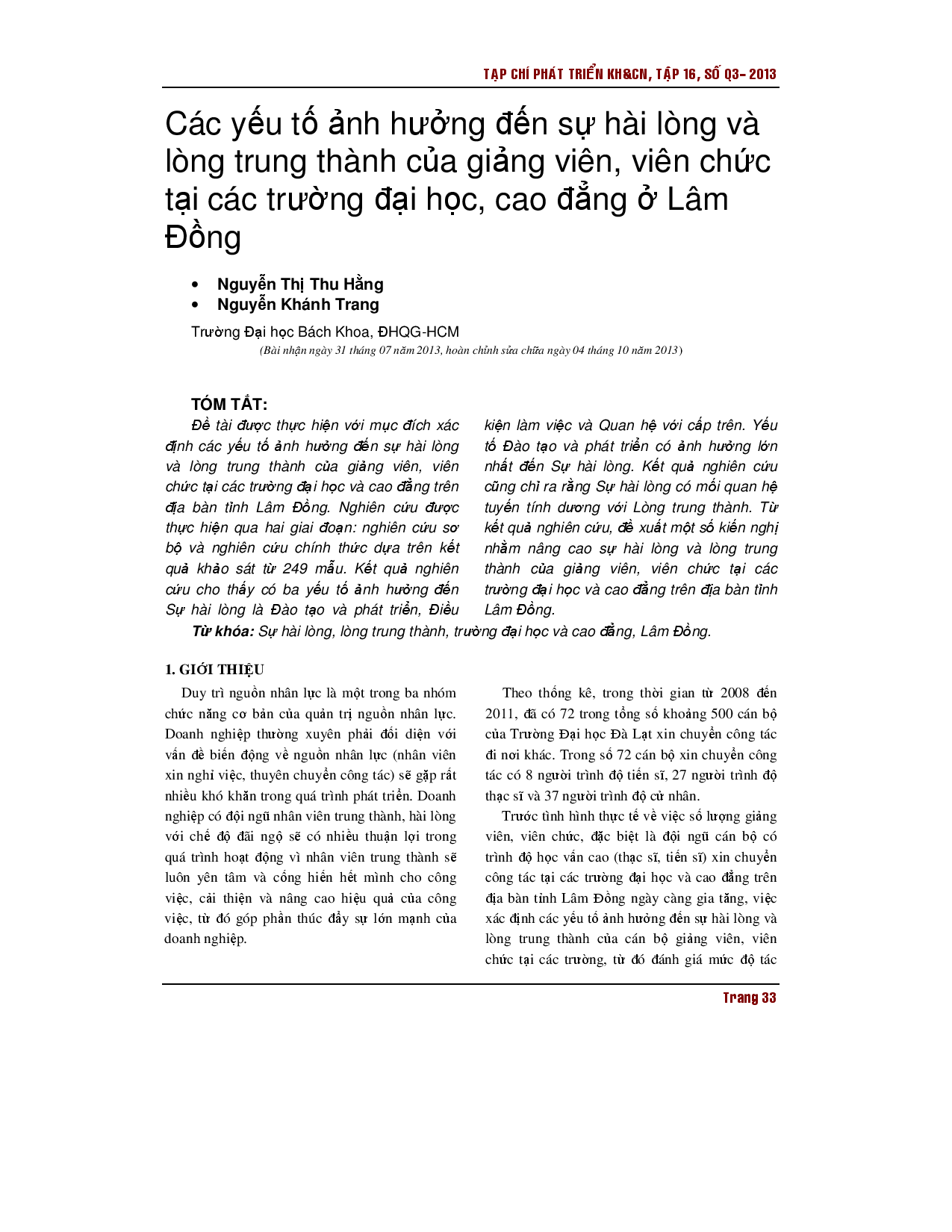 Các yếu tố ảnh hưởng đến sự hài lòng với công việc và lòng trung thành của giảng viên, viên chức các trường đại học, cao đẳng trên địa bàn tỉnh Lâm Đồng