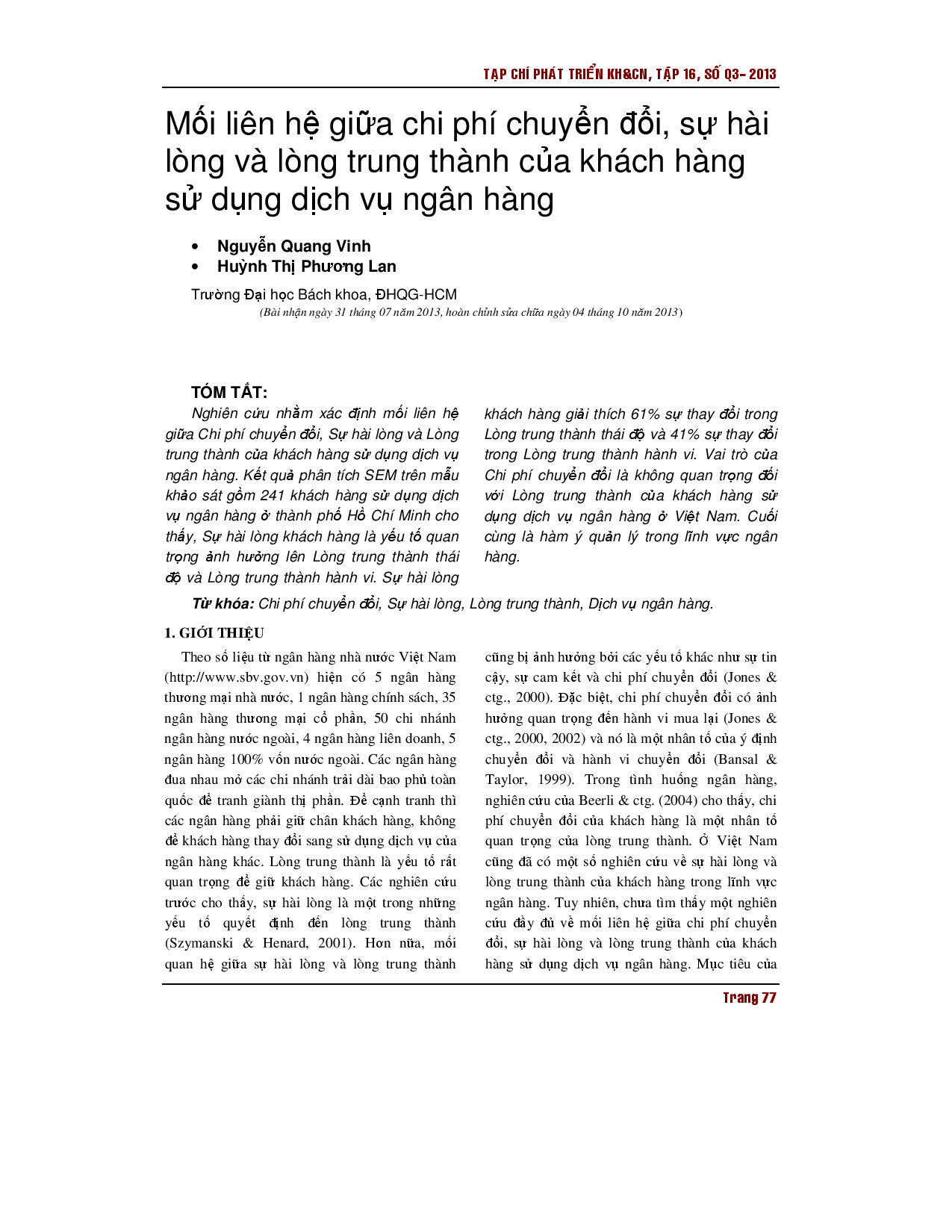 Mối quan hệ giữa chi phí chuyển đổi, sự hài lòng và lòng trung thành của khách hàng ngân hàng