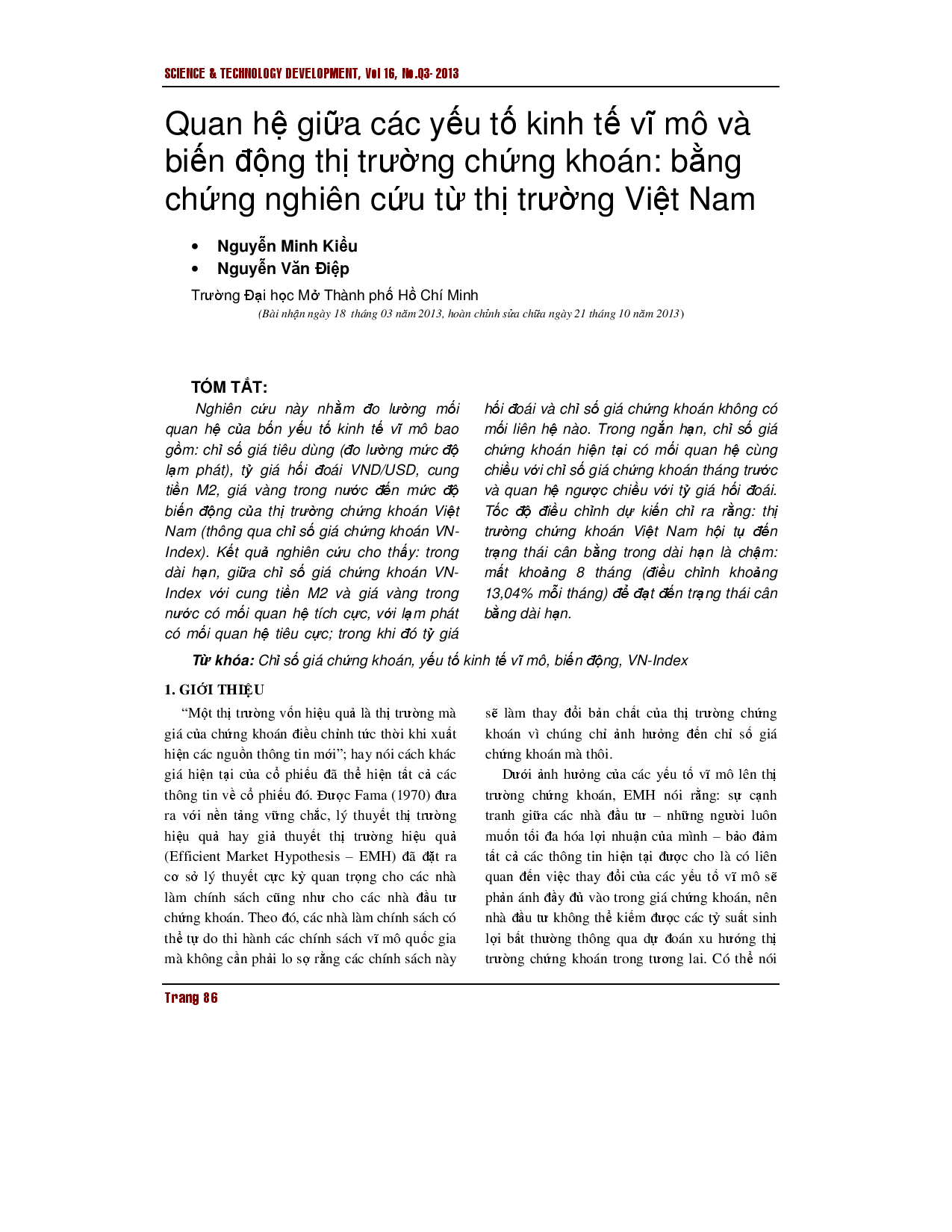 Mối quan hệ giữa các yếu tố kinh tế vĩ mô và sự biến động của thị trường chứng khoán: bằng chứng thực nghiệm từ thị trường chứng khoán Việt Nam