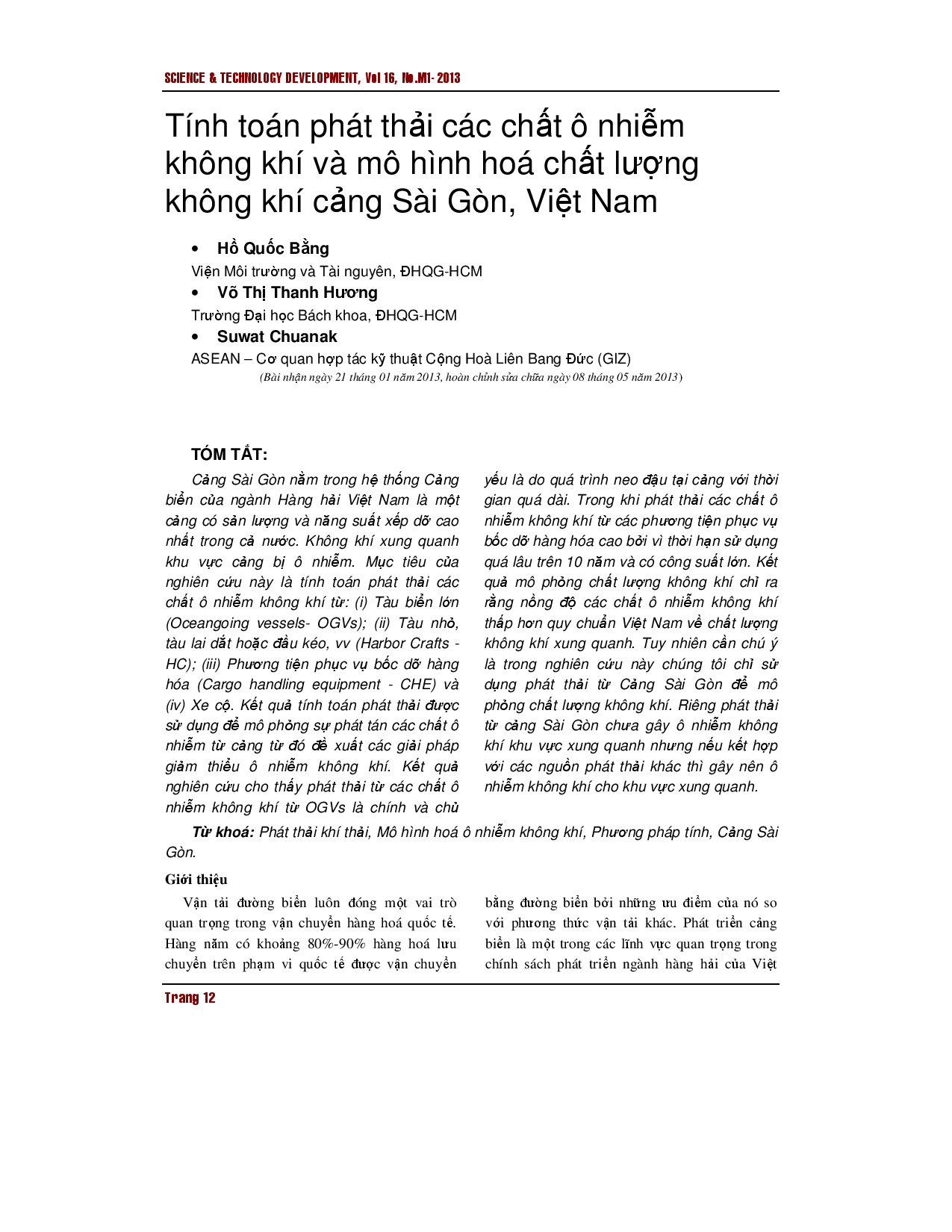 Đánh giá phát thải chất ô nhiễm không khí và Mô hình hóa chất lượng không khí tại Cảng Sài Gòn, Việt Nam