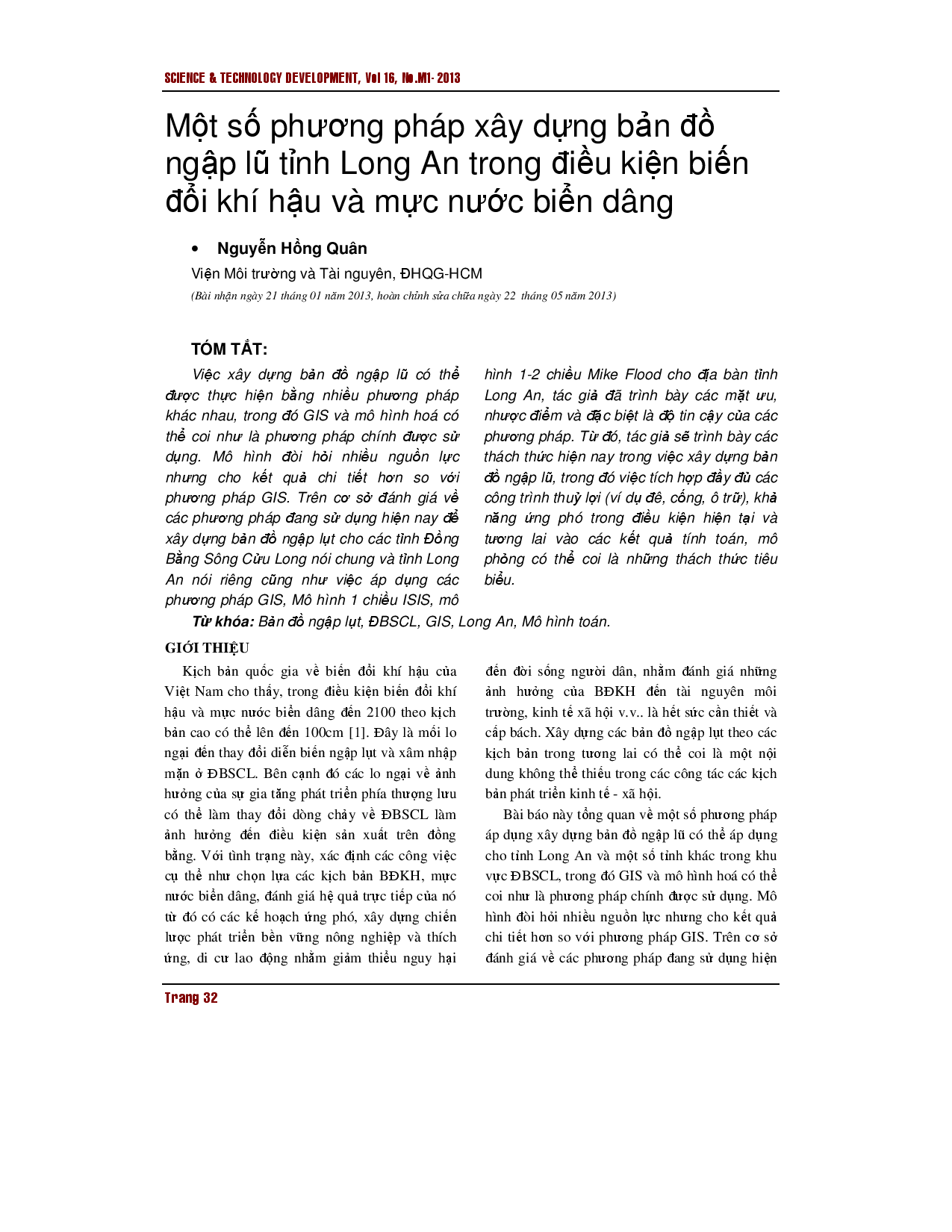 Một số phương pháp lập bản đồ ngập lụt tỉnh Long An trong điều kiện biến đổi khí hậu và nước biển dâng