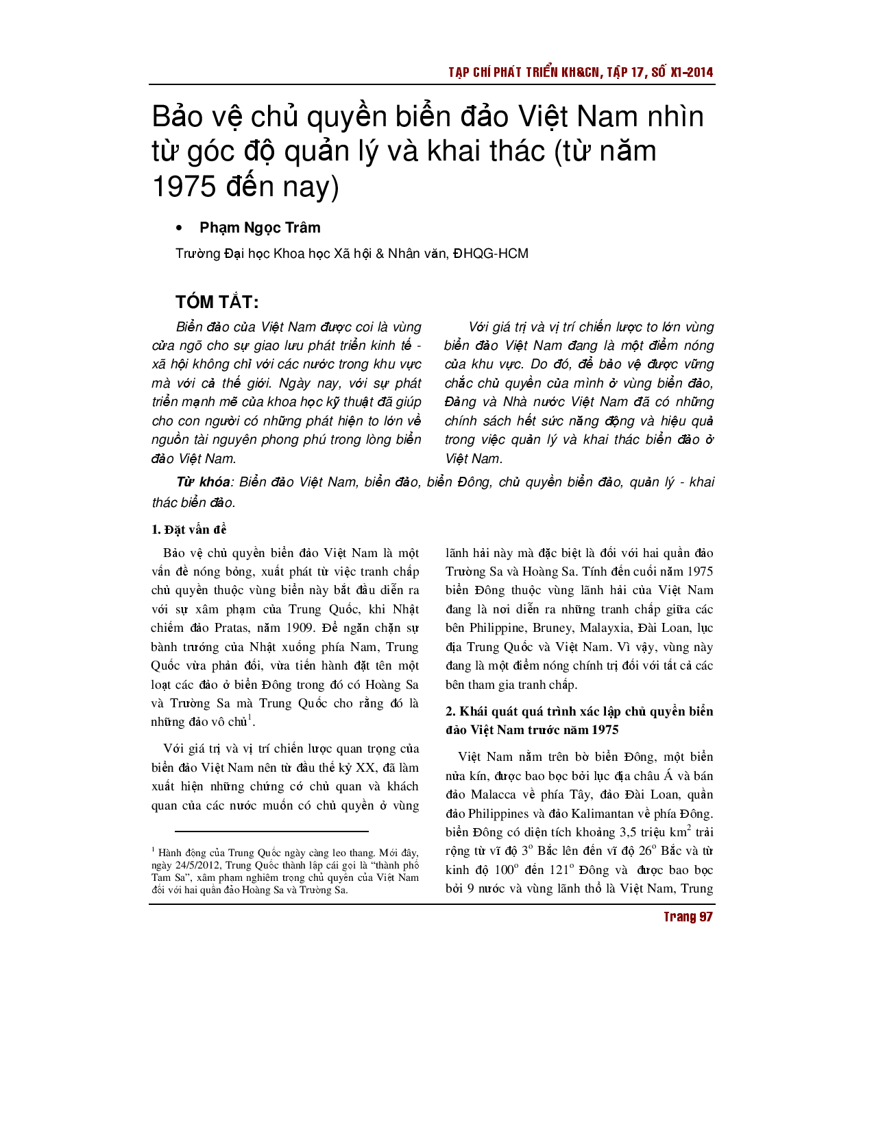 Bảo vệ lãnh hải Việt Nam - nghiên cứu từ góc độ quản lý, khai thác (từ 1975 đến nay)