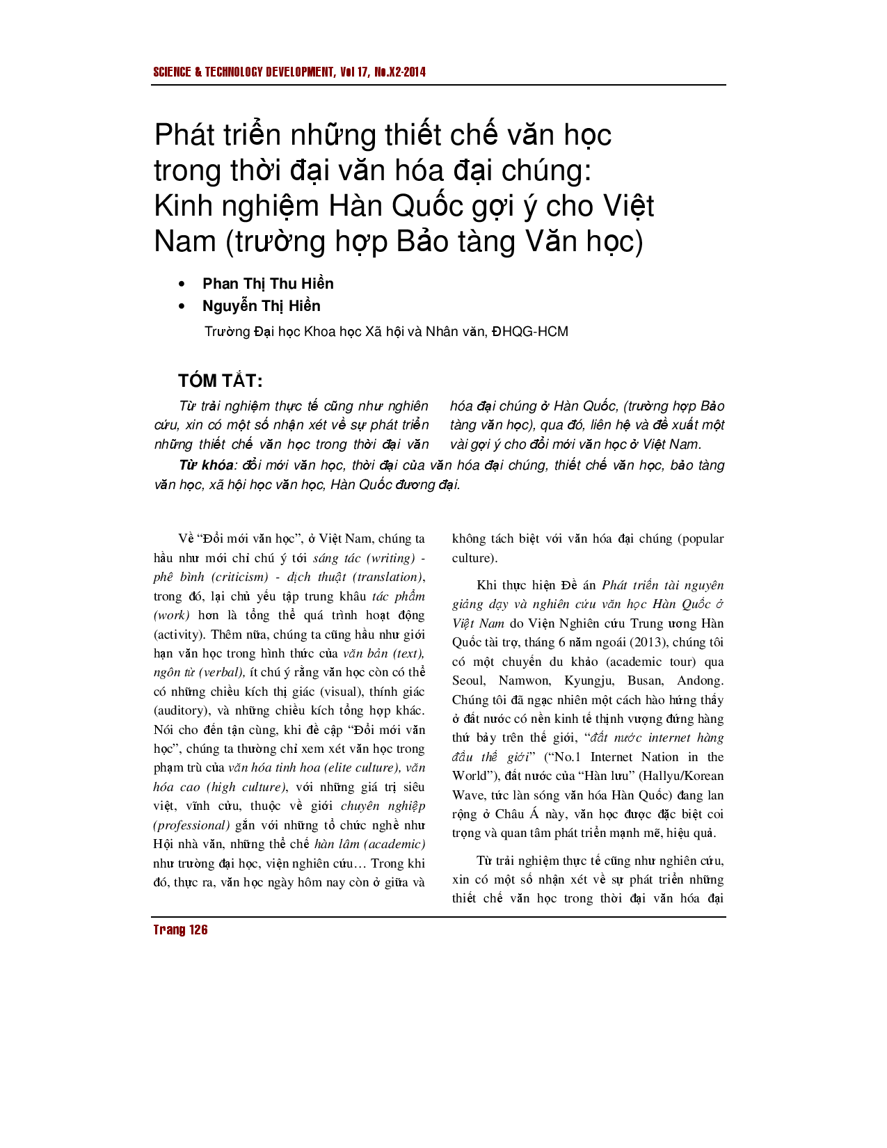 Cải thiện thể chế văn học trong thời đại văn hóa đại chúng: Từ kinh nghiệm của Hàn Quốc đến đề xuất cho Việt Nam (Nghiên cứu điển hình của Viện bảo tàng văn học)