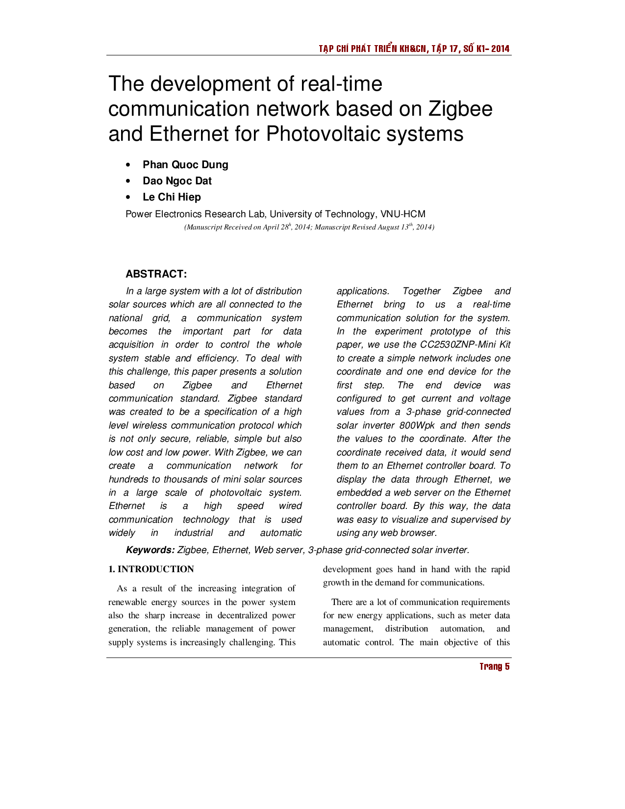 Sự phát triển của mạng truyền thông thời gian thực dựa trên Zigbee và Ethernet cho các hệ thống Quang điện.