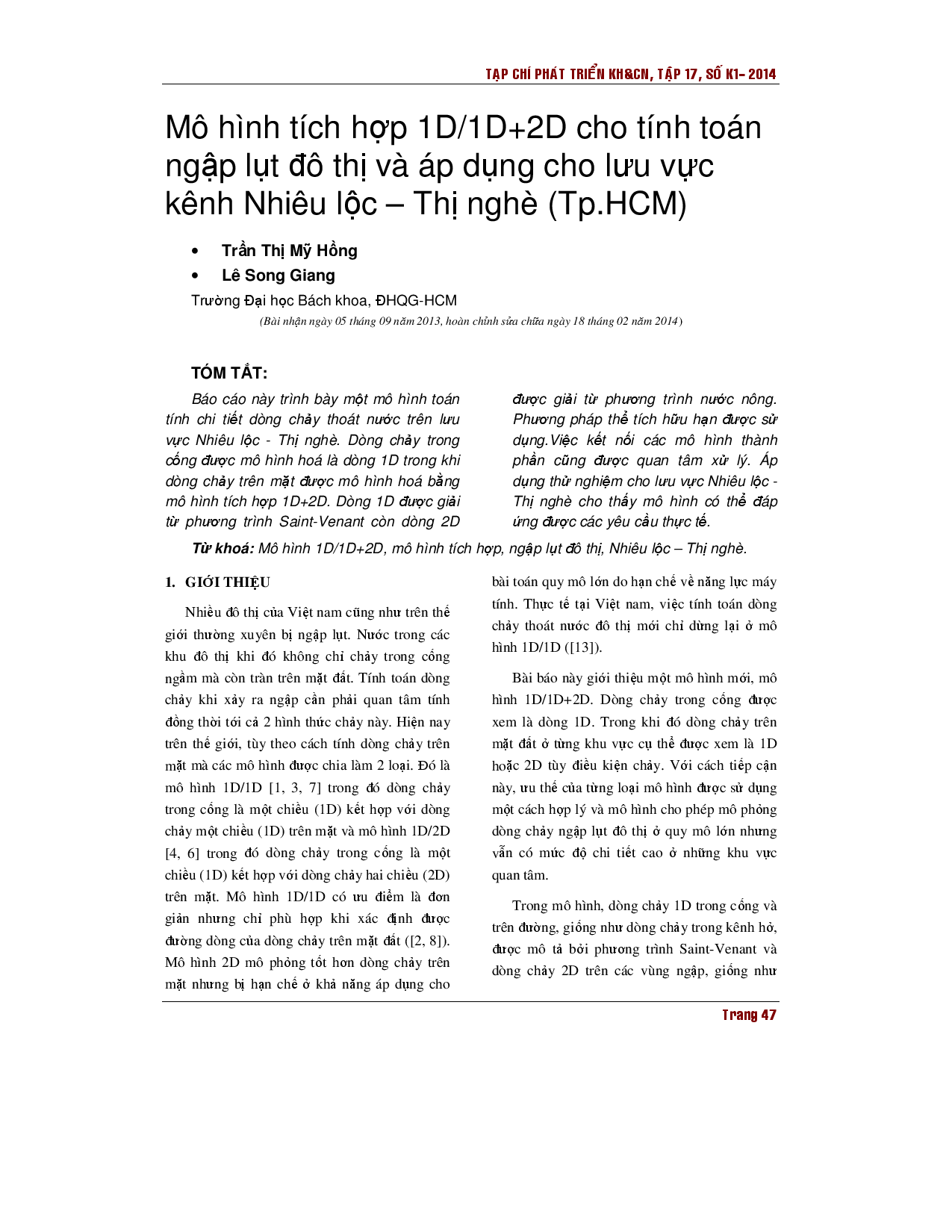 Mô hình tích hợp 1D / 1D + 2D để tính toán ngập úng đô thị và ứng dụng cho lưu vực Nhiêu Lộc - Thị Nghè (TP. HCM)