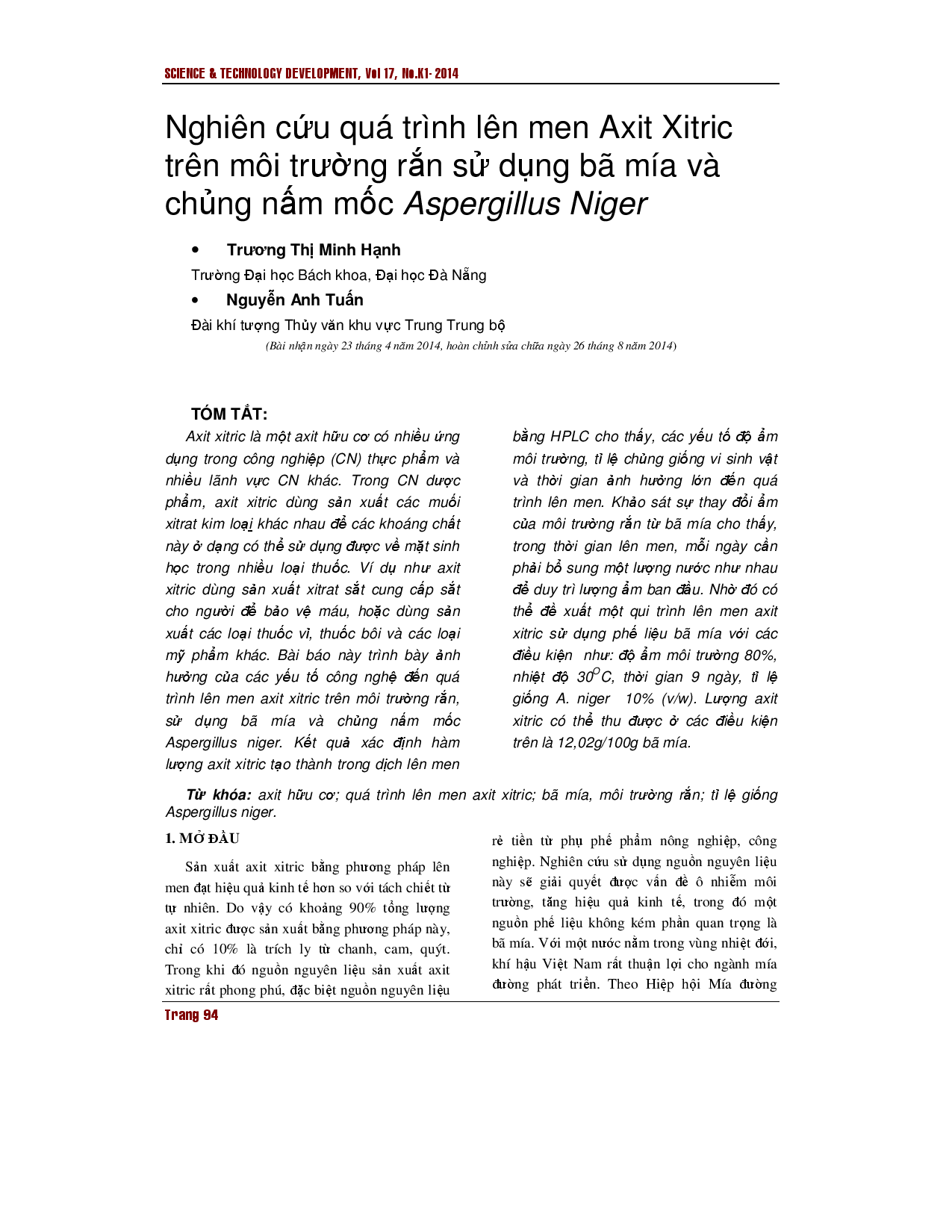 Nghiên cứu quy trình lên men axit xitric ở trạng thái rắn bằng bã mía và nấm Aspergillus Niger