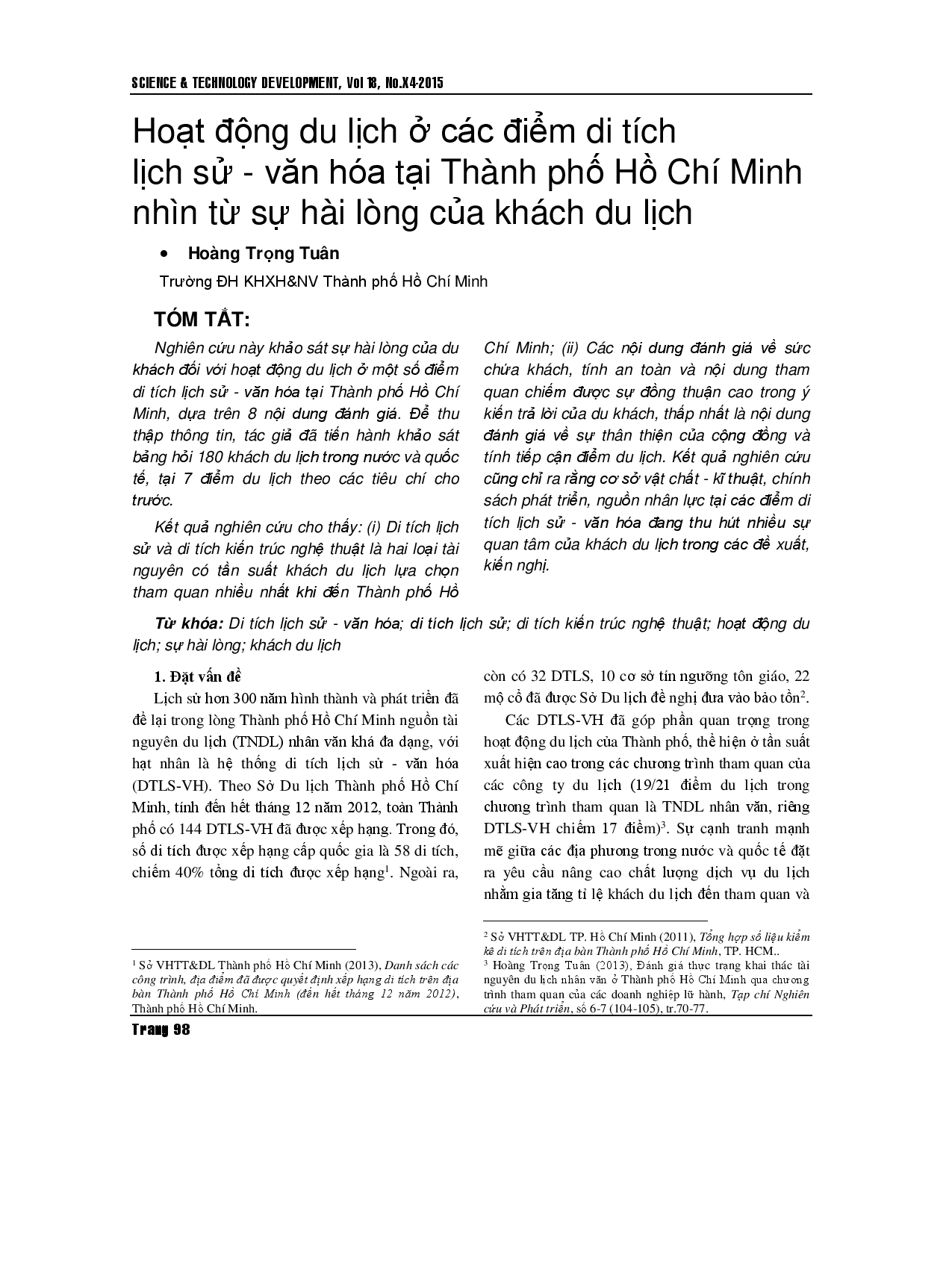 Hoạt động du lịch tại các điểm Di tích Lịch sử Văn hóa Thành phố Hồ Chí Minh nhìn từ mức độ hài lòng của du khách