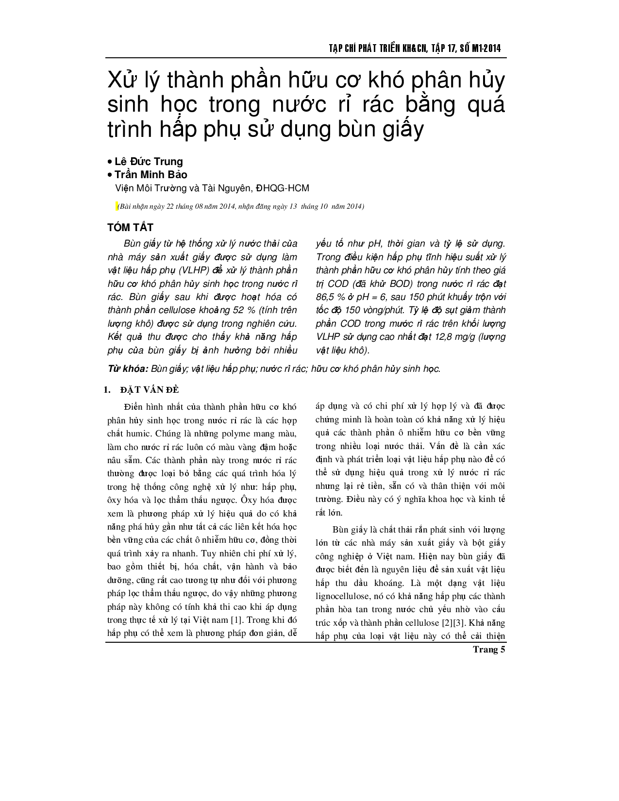 Loại bỏ các chất hữu cơ không thể phân hủy sinh học từ nước rỉ bãi rác bằng cách sử dụng bùn nhà máy giấy làm chất hấp phụ chi phí thấp