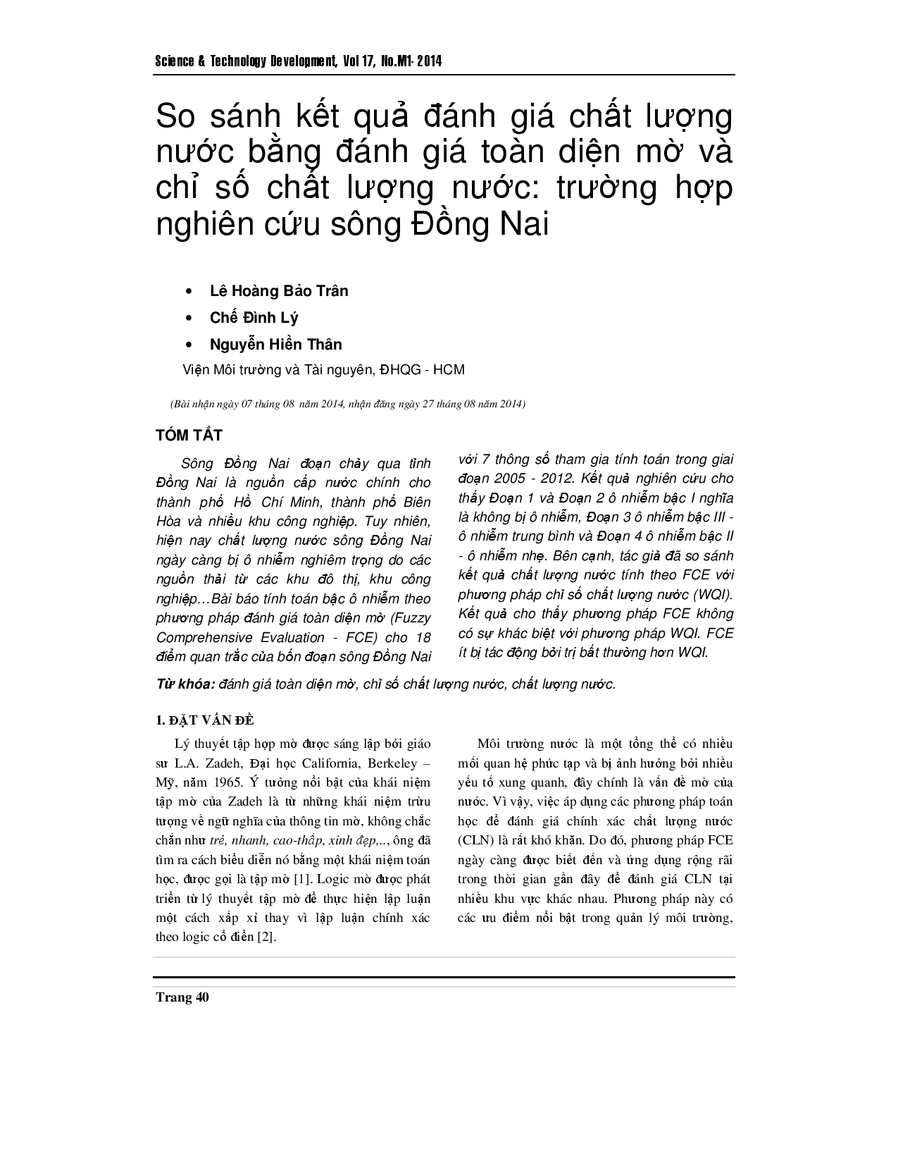 So sánh kết quả đánh giá chất lượng nước bằng phương pháp đánh giá toàn diện mờ và chỉ số chất lượng nước: một nghiên cứu điển hình tại sông Đồng Nai