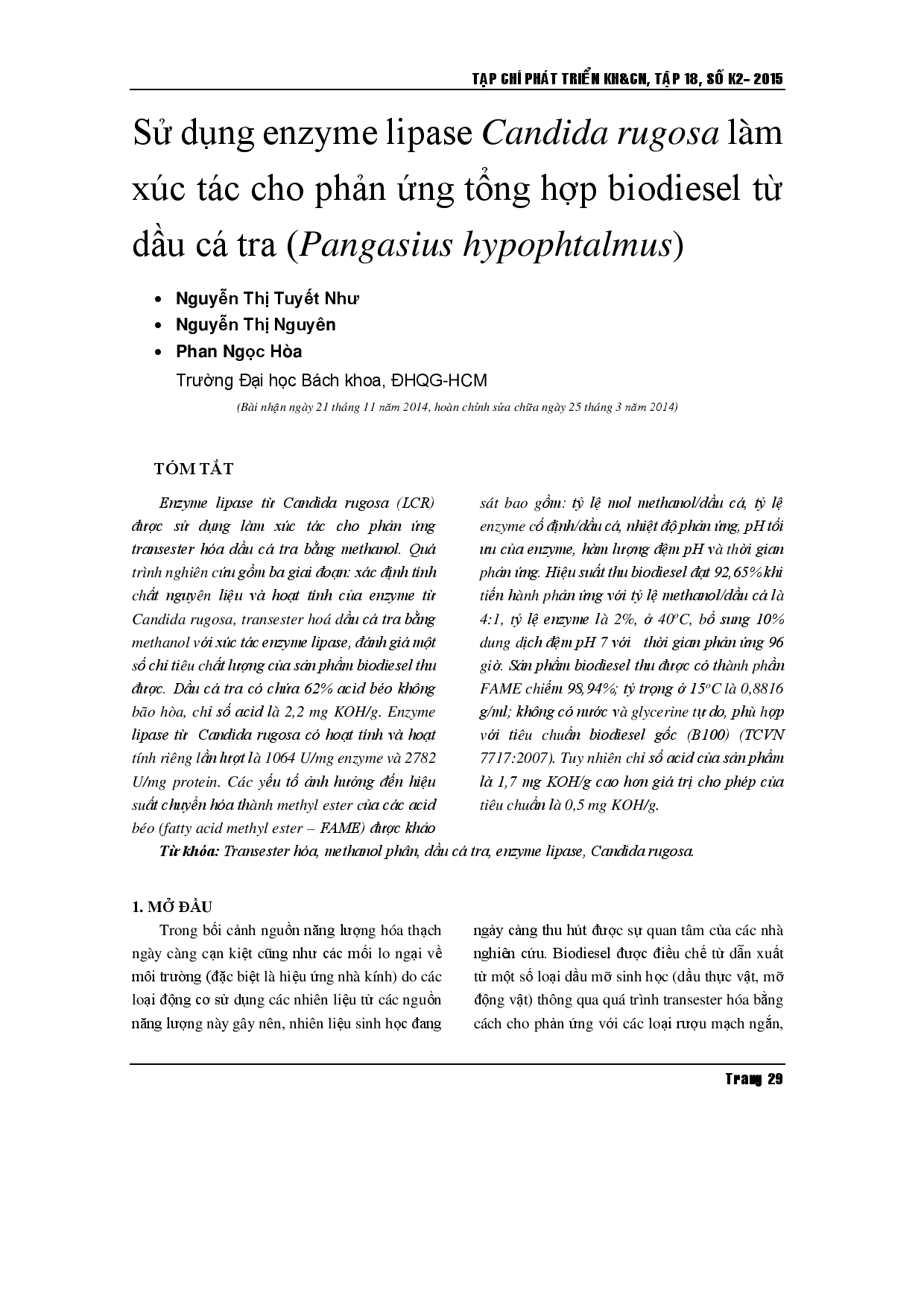 Sử dụng lipase Candida rugosa làm chất xúc tác để sản xuất diesel sinh học từ dầu cá Tra (Pangasius hypophtalmus)