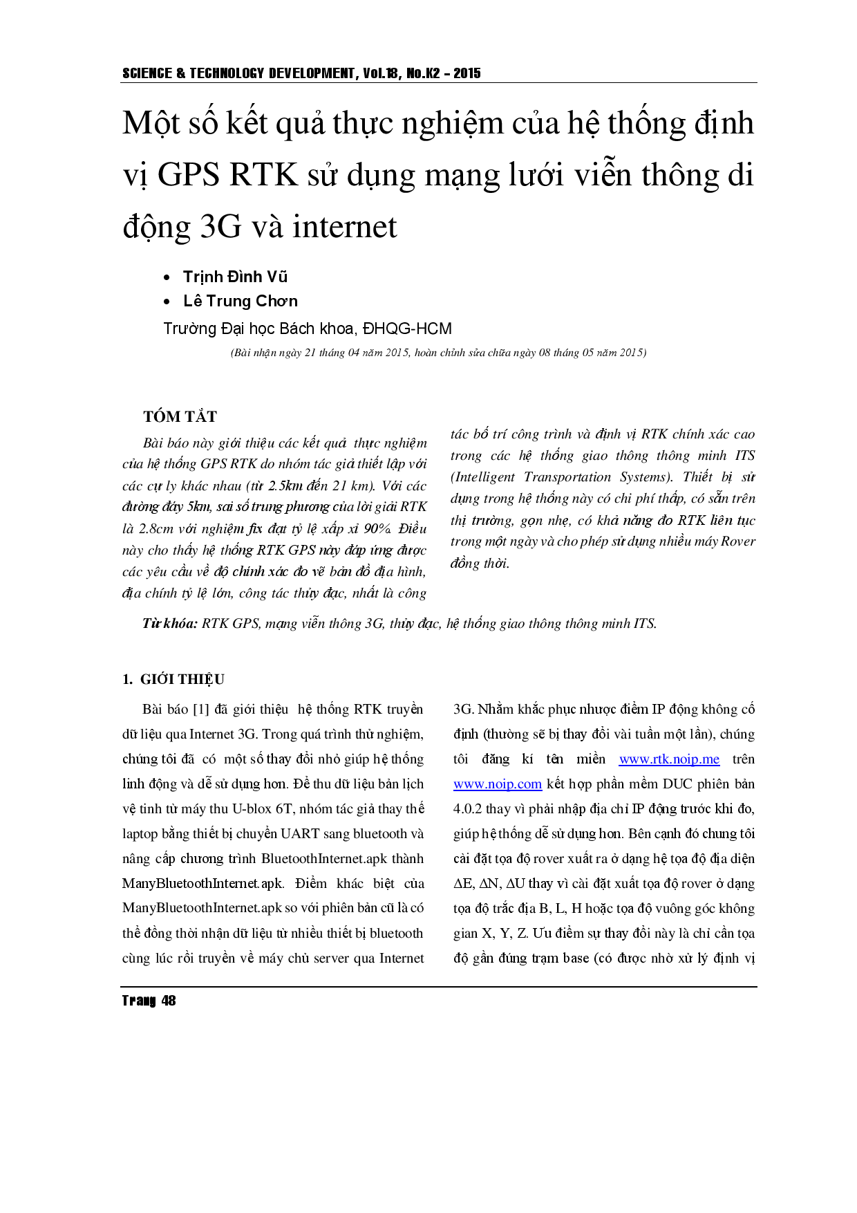 Kết quả thực nghiệm đo GPS RTK sử dụng mạng di động 3G và internet