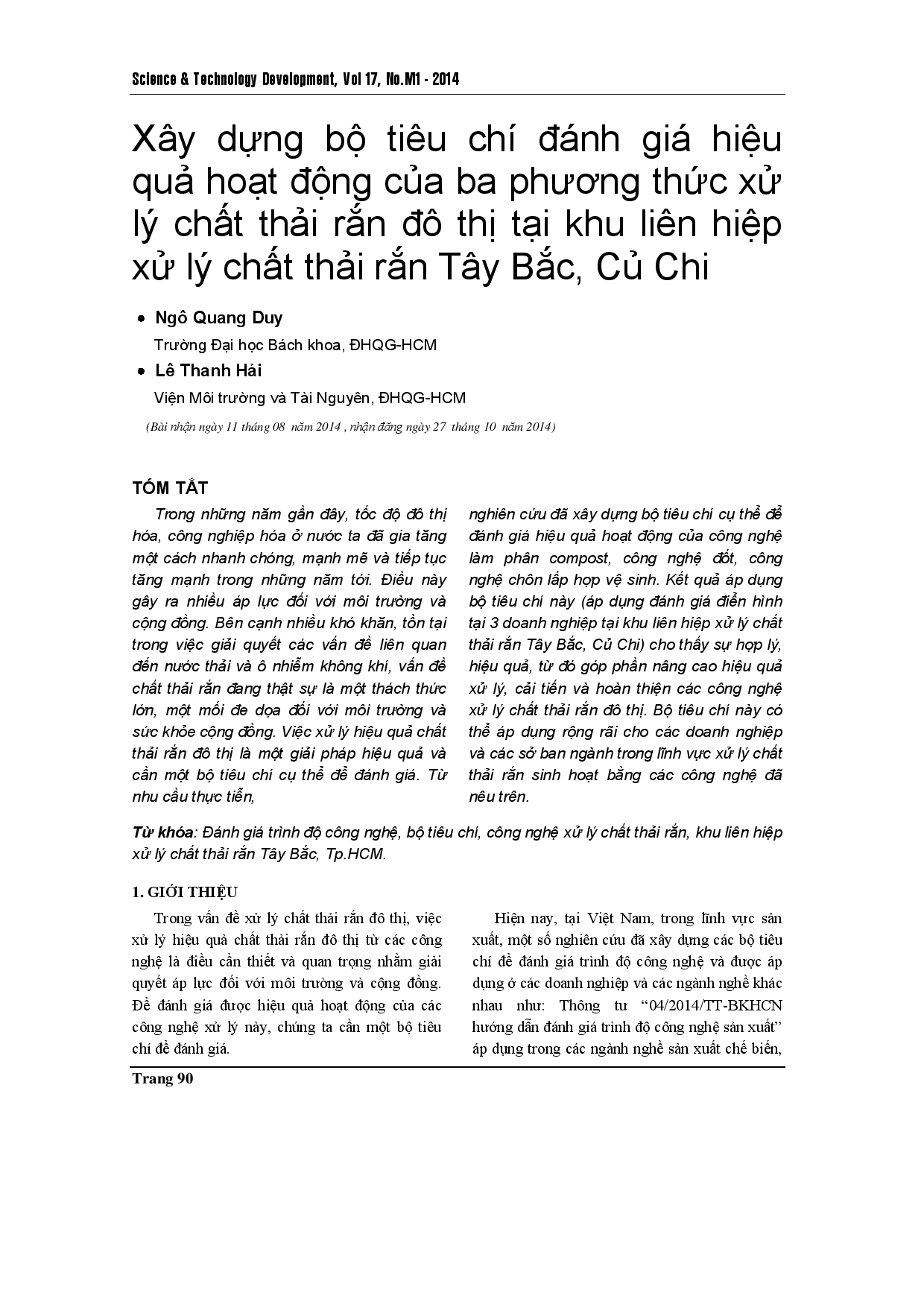 Nghiên cứu xây dựng tiêu chí đánh giá hiệu quả của 3 phương pháp xử lý chất thải rắn đô thị tại Khu liên hợp xử lý chất thải rắn Tây Bắc, Củ Chi