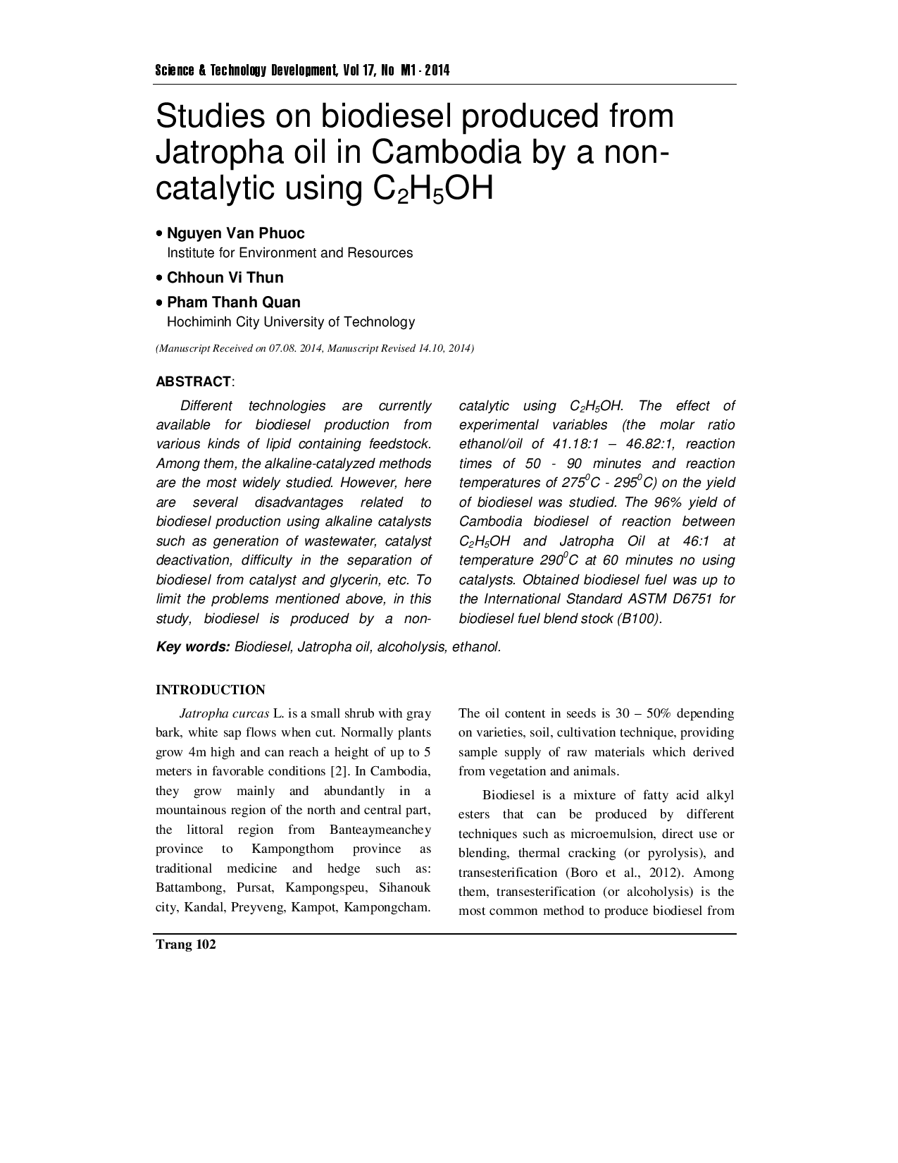 Các nghiên cứu về dầu diesel sinh học được sản xuất từ ​​dầu Jatropha ở Campuchia bằng chất không xúc tác sử dụng C2H5OH