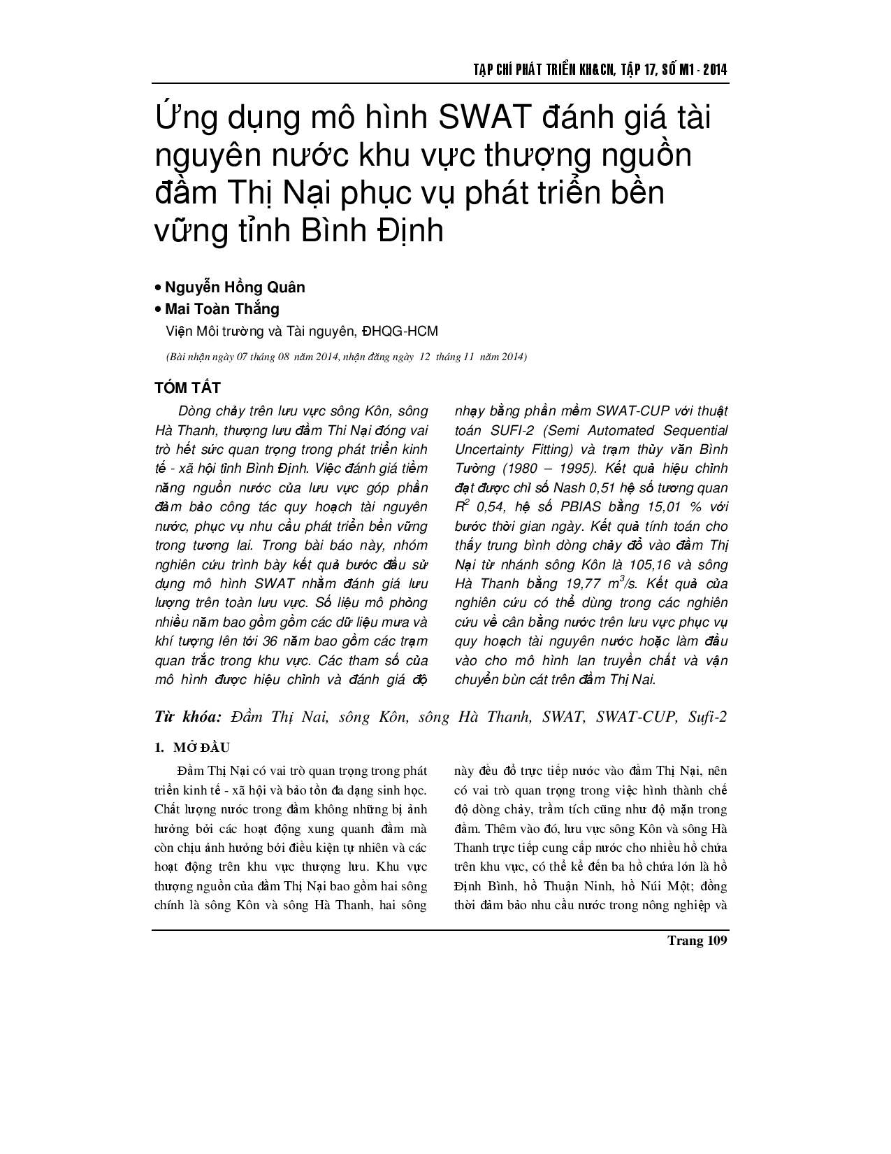 Ứng dụng mô hình swat trong đánh giá nguồn nước thượng nguồn đầm Thị Nại phục vụ phát triển bền vững tỉnh Bình Định