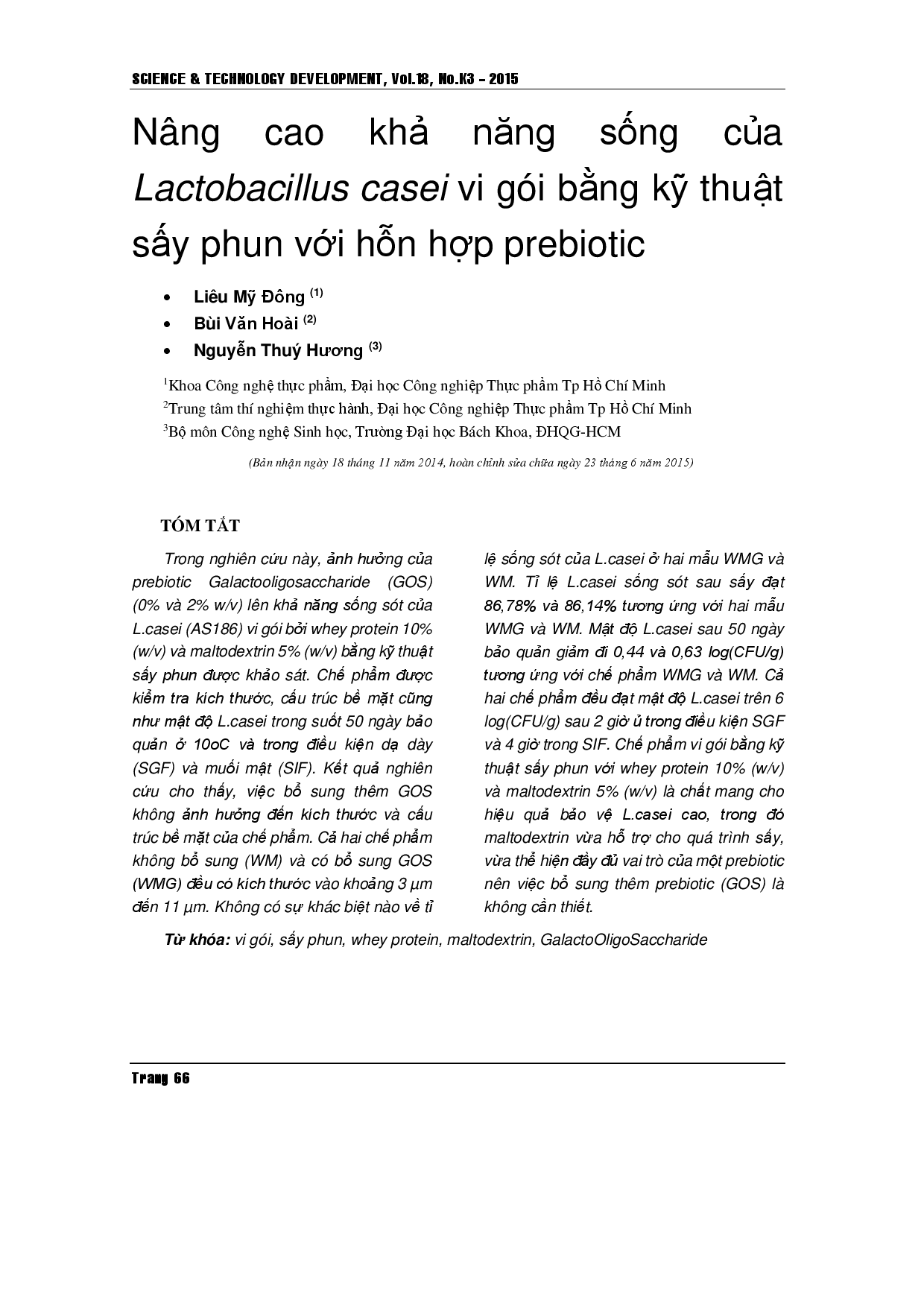 Đánh giá vi bao của Lactobacillus casei bằng cách phun khô với hỗn hợp prebiotic để tăng cường khả năng tồn tại