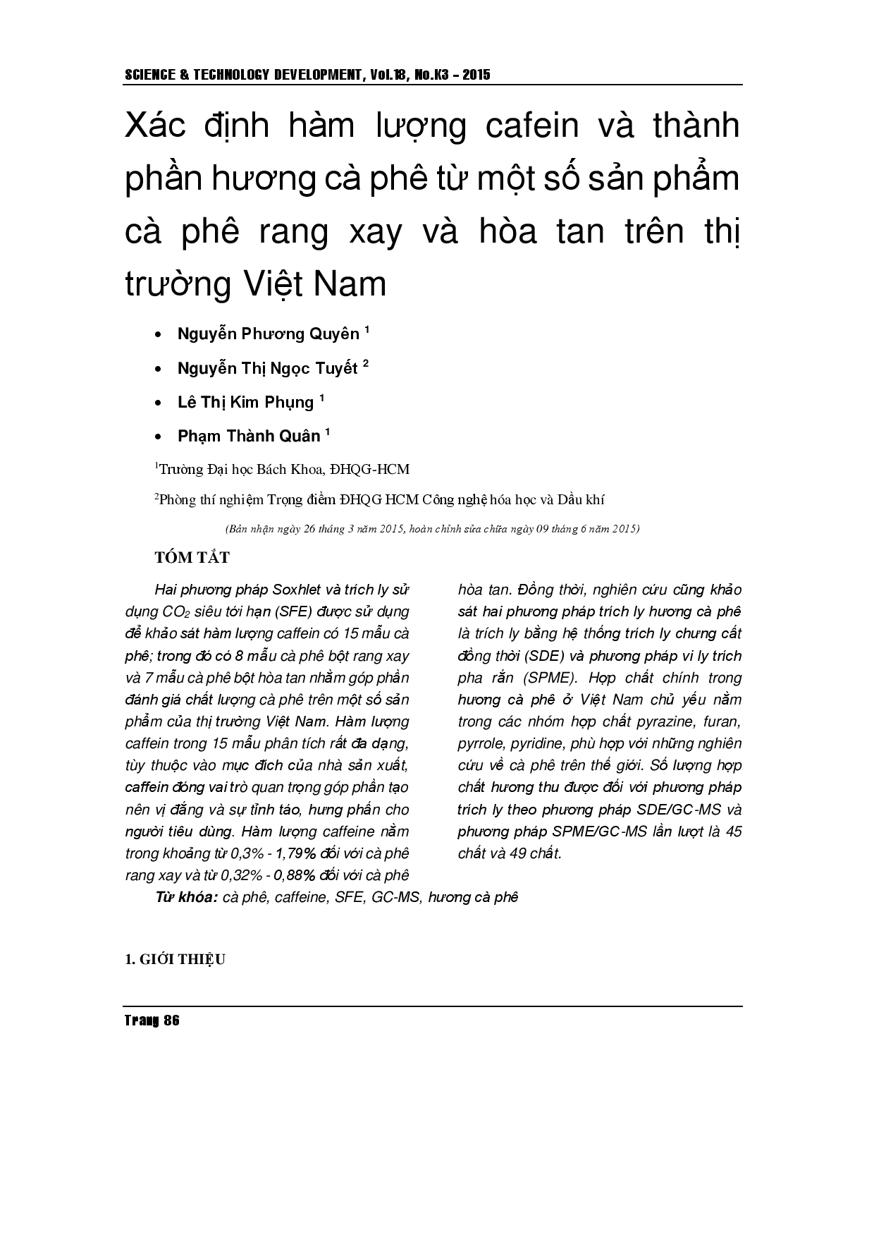 Xác định hàm lượng cafein và hợp chất bay hơi trong một số sản phẩm cà phê rang xay ở Việt Nam