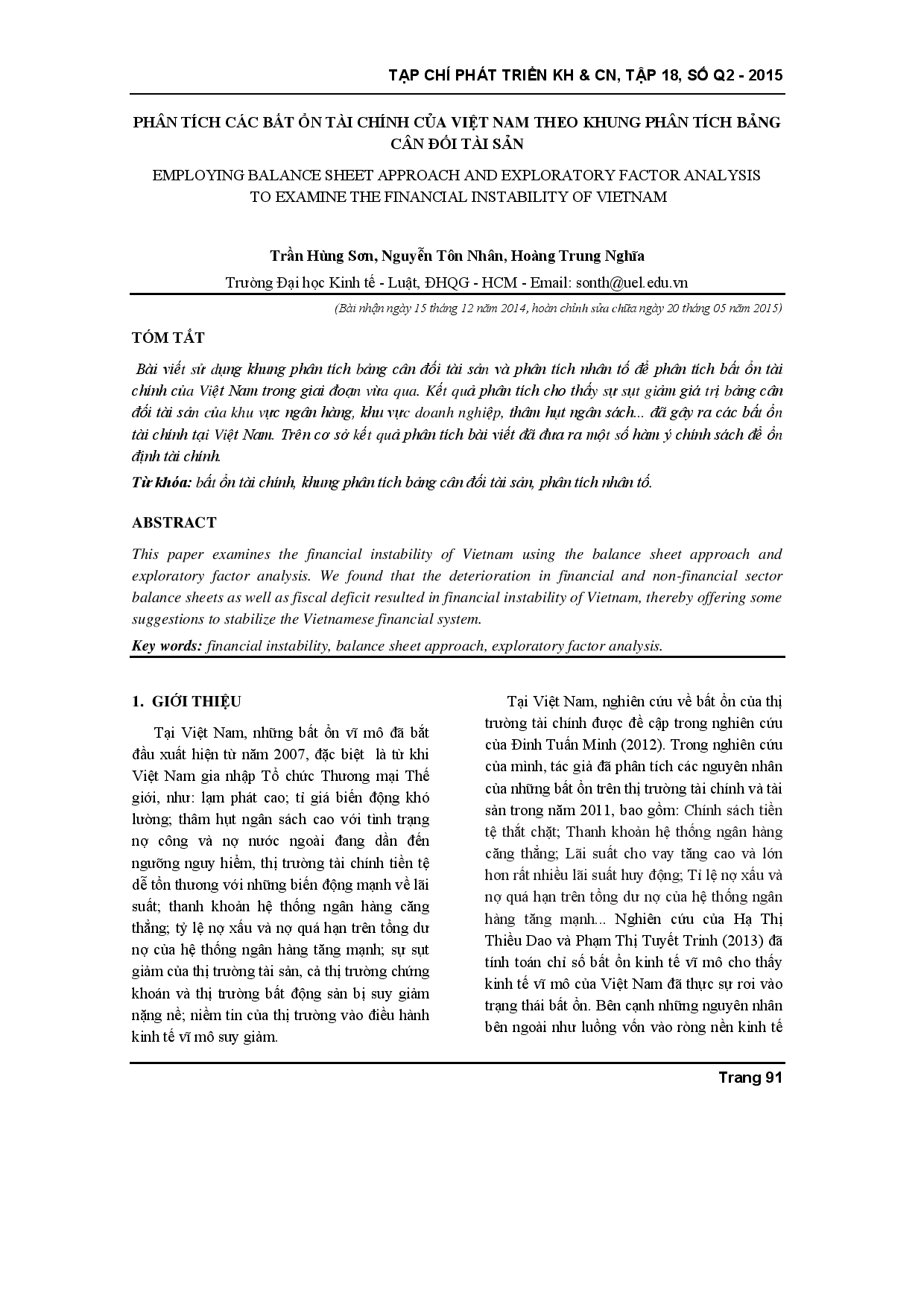 Sử dụng cách tiếp cận bảng cân đối kế toán và phân tích nhân tố khám phá để xem xét sự bất ổn tài chính của Việt Nam