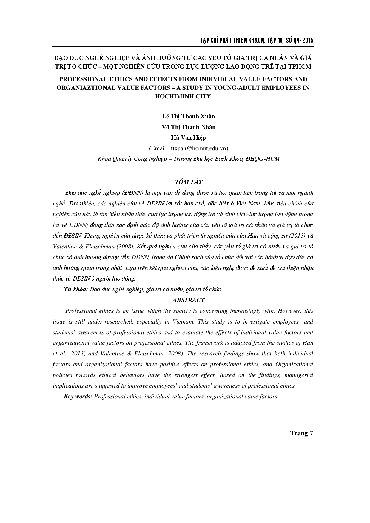 Đạo đức nghề nghiệp và ảnh hưởng từ các yếu tố giá trị cá nhân và yếu tố giá trị tổ chức - một nghiên cứu ở nhân viên thanh niên ở thành phố Hồ Chí Minh