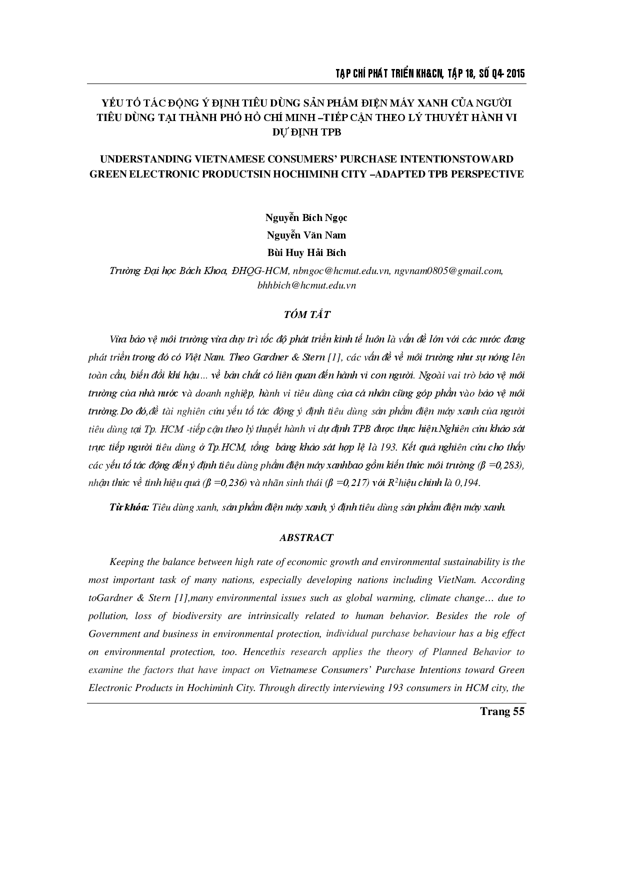 Hiểu được ý định mua hàng của người tiêu dùng Việt Nam để nắm bắt các sản phẩm điện tử xanh tại thành phố Hồ Chí Minh –tpb được cải tiến theo quan điểm
