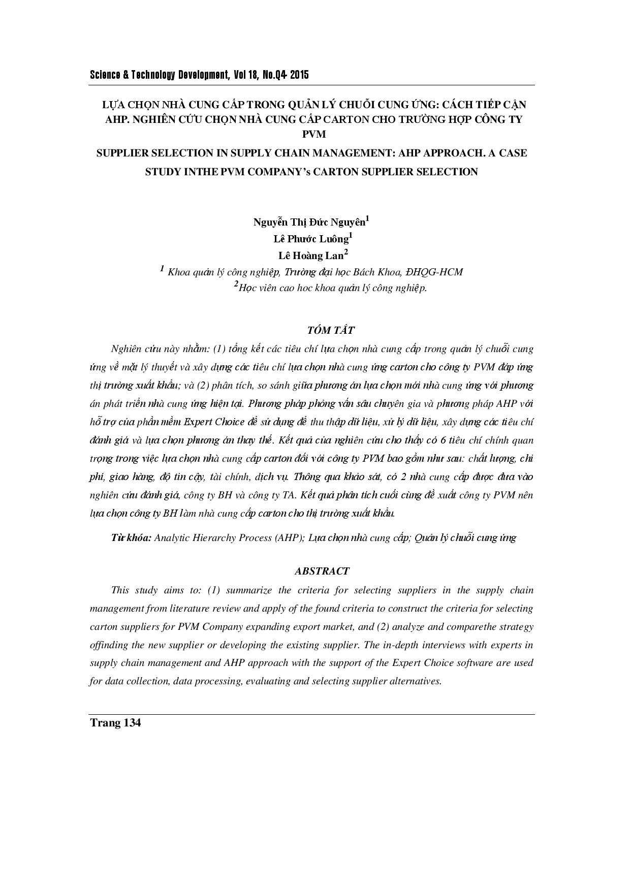 Lựa chọn nhà cung cấp trong quản lý chuỗi cung ứng: Cách tiếp cận AHP. một nghiên cứu điển hình trong việc lựa chọn nhà cung cấp thùng carton của công ty pvm