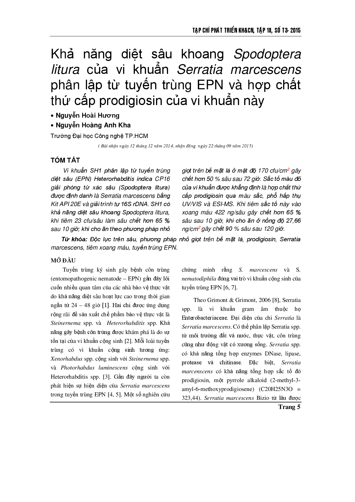 Bioefficacy of Serratia marcescens isolated from entomopathogenic nematodes (EPN) and their secondary metabolite prodigiosin against Spodoptera litura