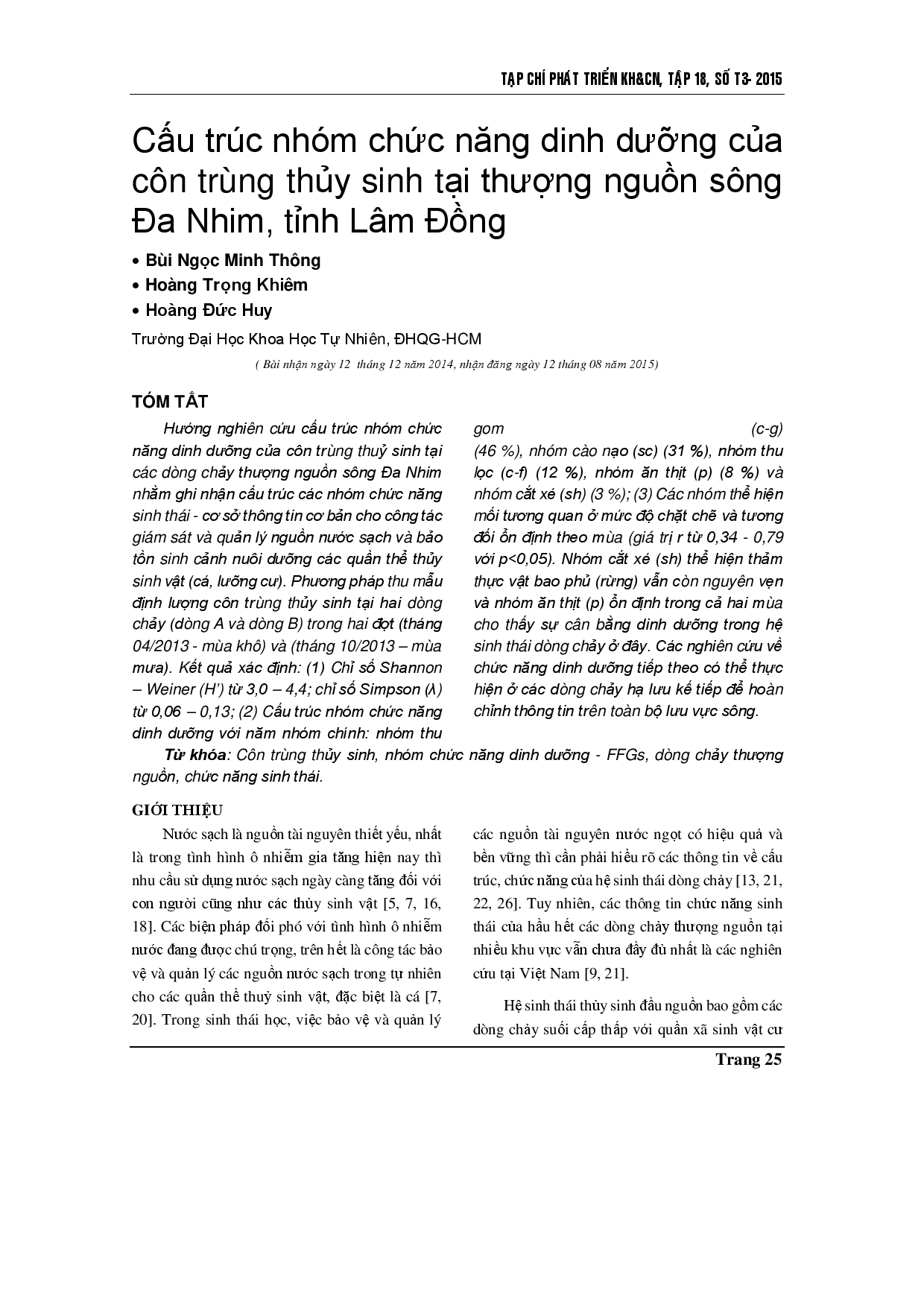 The functional feeding groups’ structure of aquatic insects in upstreams of Da Nhim river, Lam Dong province