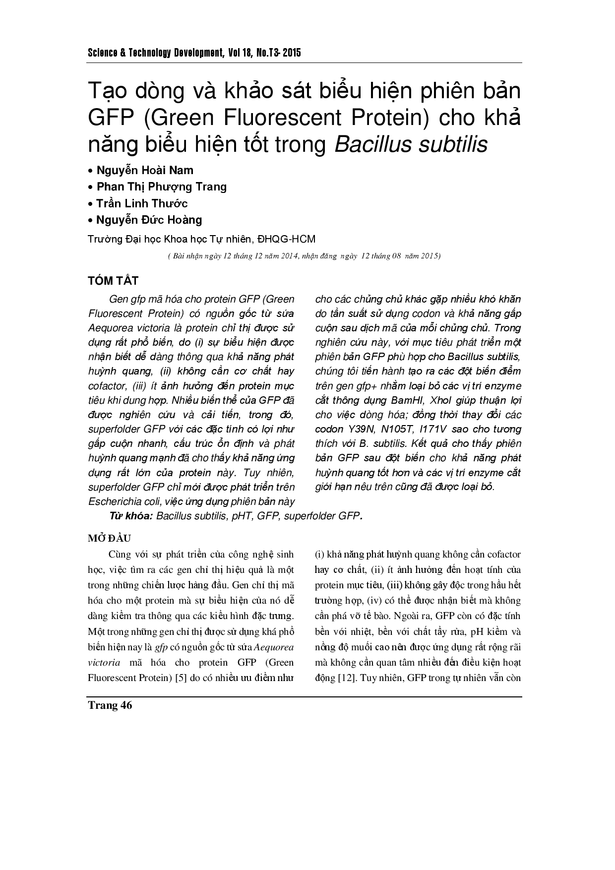 Cloning and investigating GFP (green fluorescent protein) allowing higher expression in Bacillus subtilis