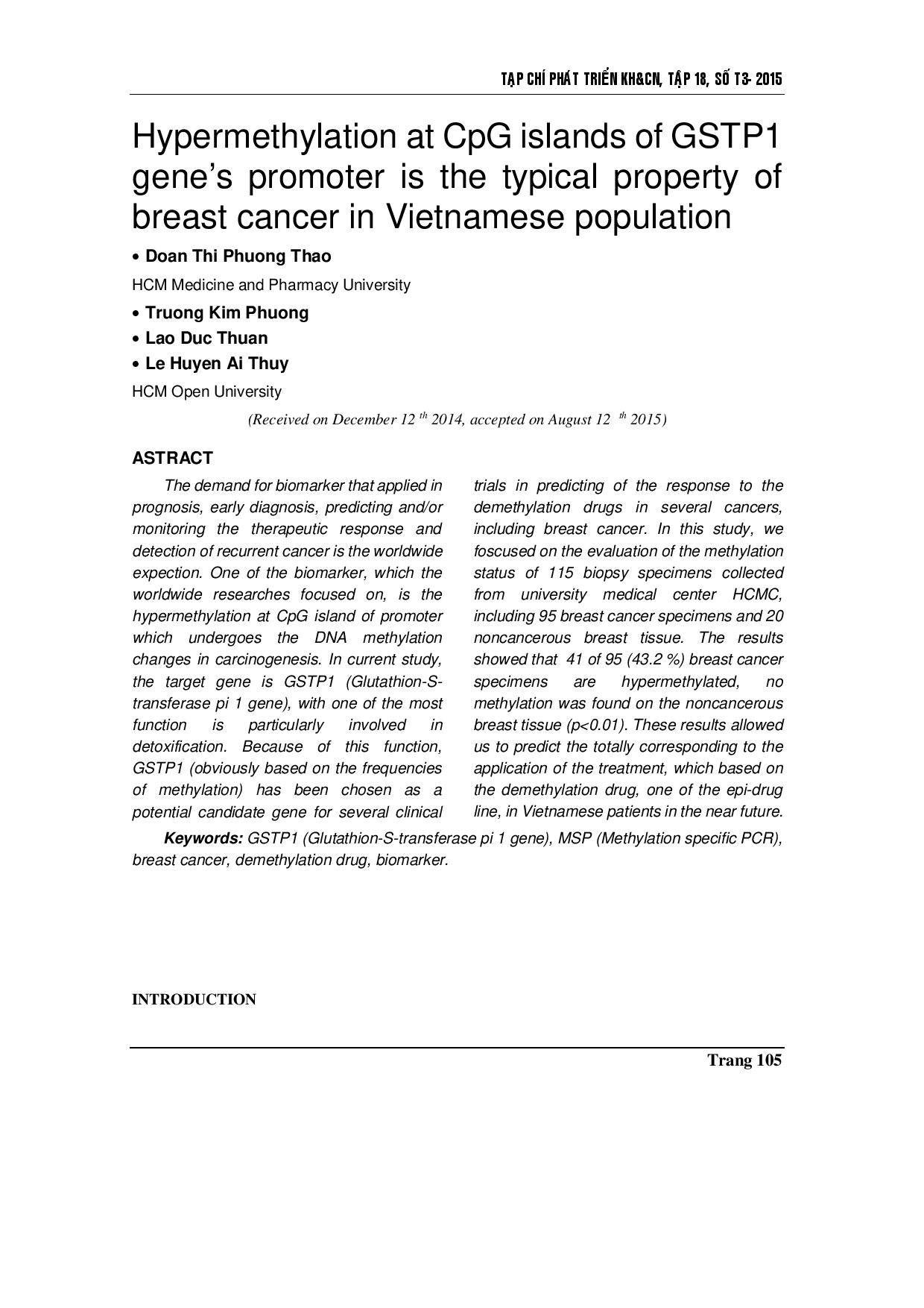 Hypermethylation at CpG islands of GSTP1 gene’s promoter is the typical property of breast cancer in Vietnamese population