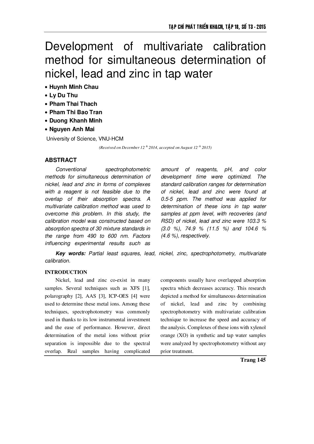 Development of multivariate calibration method for simultaneous determination of Nickel, Lead and Zinc in tap water