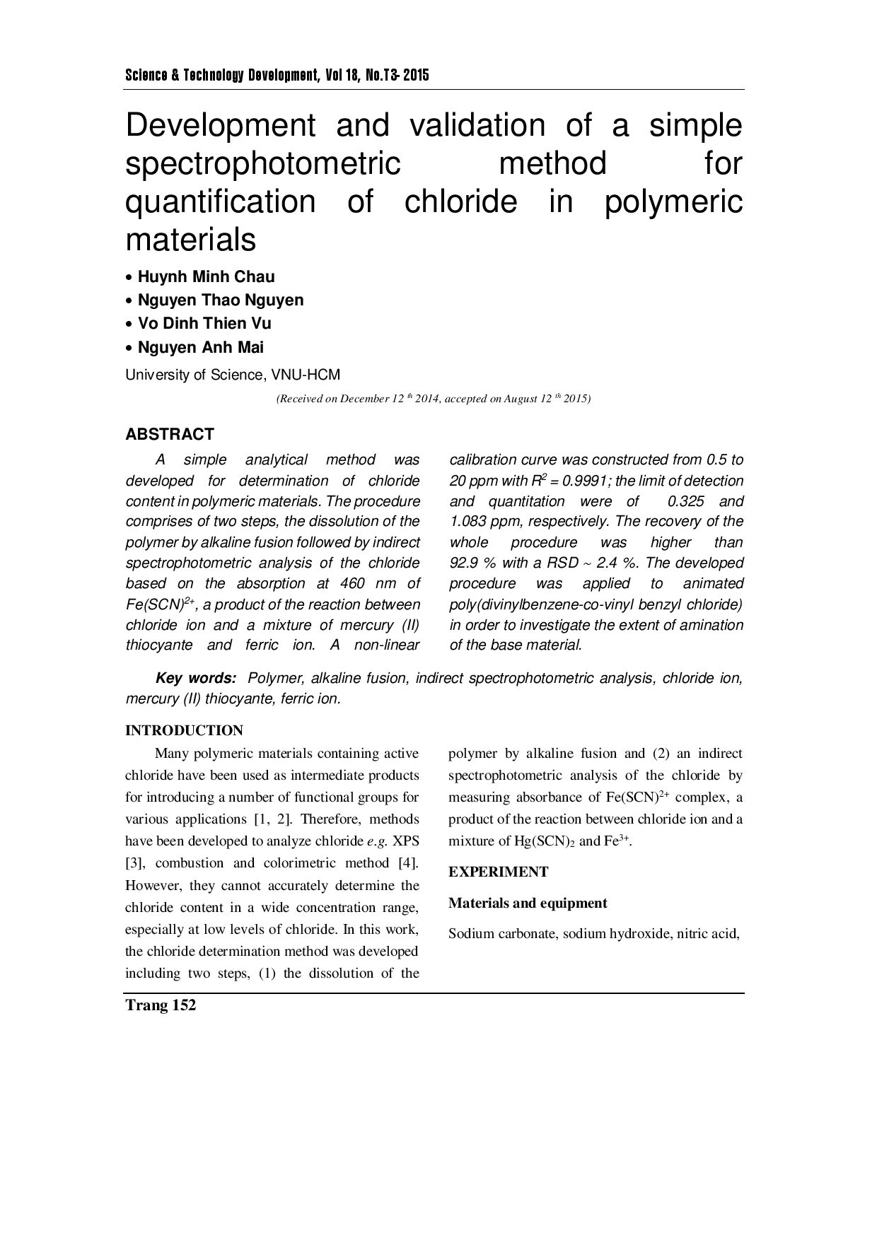 Development and validation of a simple spectrophotometric method for quantification of chloride in polymeric materials