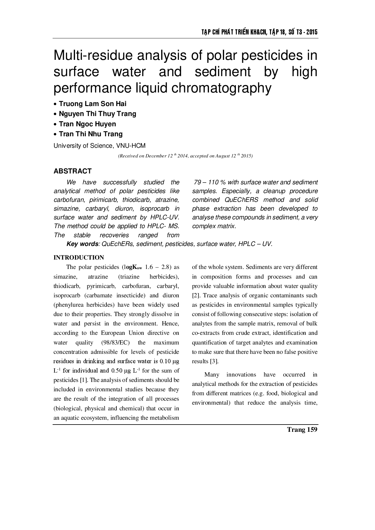 Multi-residue analysis of polar pesticides in surface water and sediment by high performance liquid chromatography