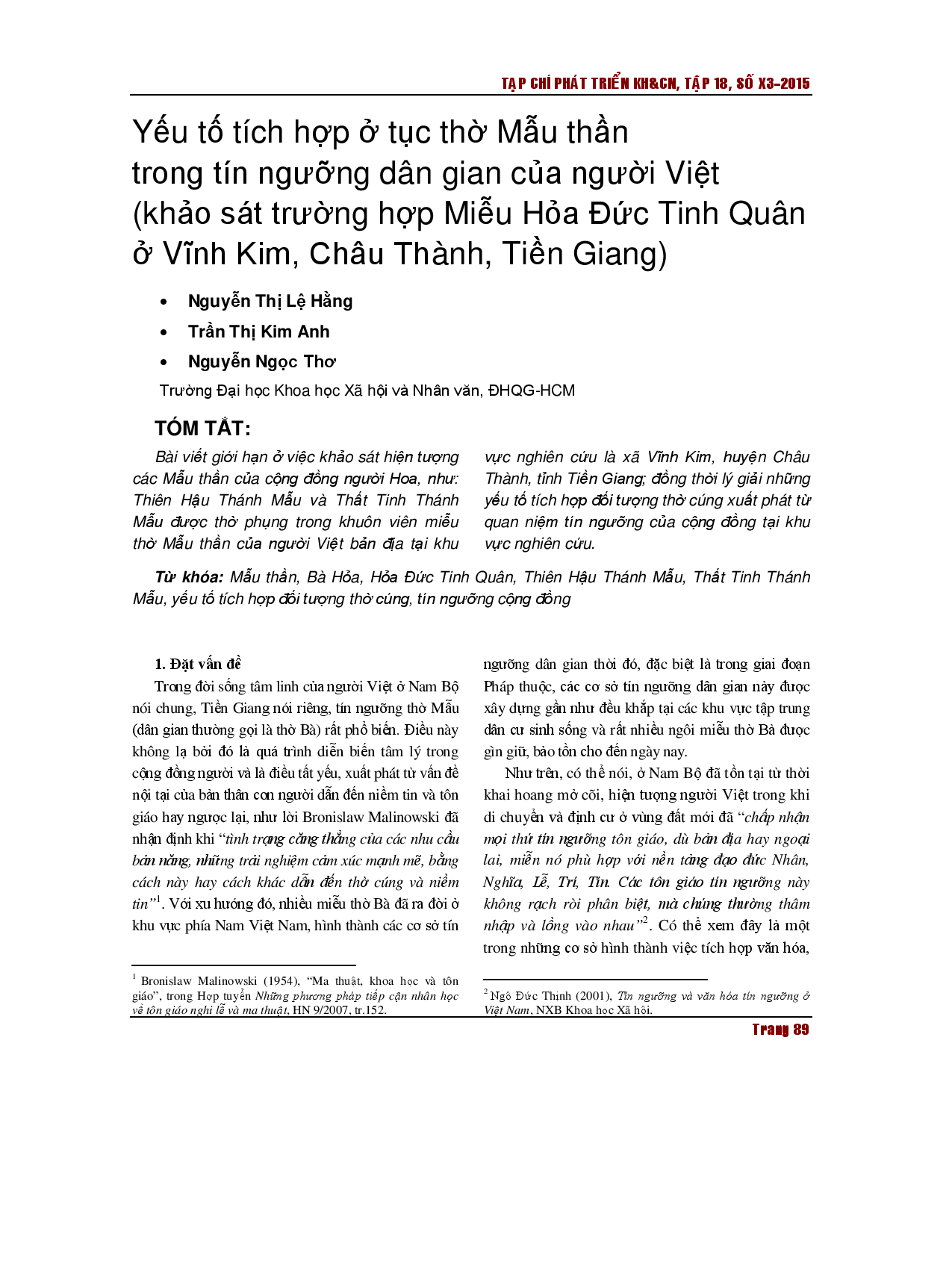 Các yếu tố cấu thành trong tín ngưỡng thờ Mẫu trong tín ngưỡng dân gian Việt Nam (nghiên cứu trường hợp Miếu Hòa-Đức-Tịnh-Quan ở Vĩnh Kim, Châu Thành, Tiền Giang)