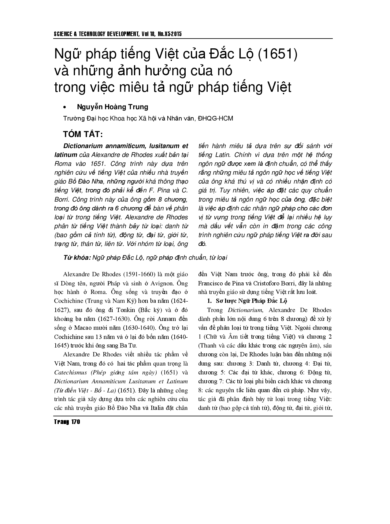 Ngữ pháp tiếng Việt của A. De Rhodes (1651) và tác động của nó đối với việc mô tả ngữ pháp tiếng Việt hiện đại