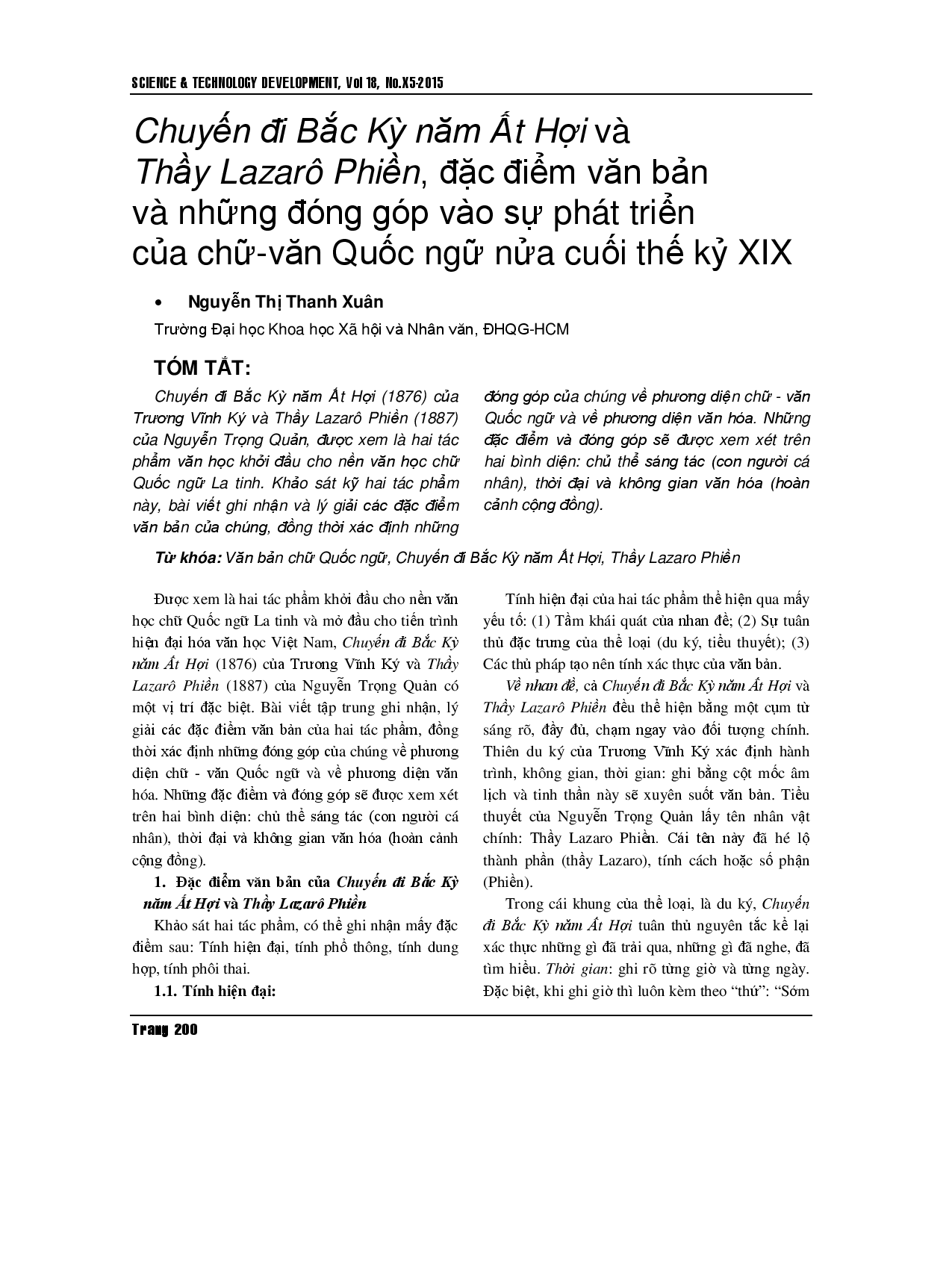 Đi Bắc Kỳ năm Ất Hợi (Chuyến đi Tôn năm Ất Hợi) và Thầy Lazarô Phiền (Ông Lazaro Phiên): Đặc điểm văn bản và những đóng góp cho sự phát triển của văn học chữ Quốc ngữ cuối thế kỷ 19