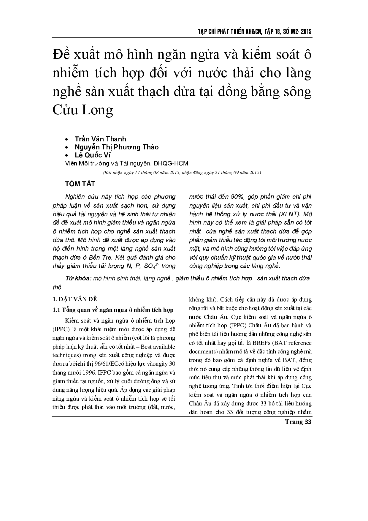 Mô hình tổng hợp phòng ngừa và kiểm soát ô nhiễm đối với nước thải của các làng nghề sản xuất dừa cạn ở đồng bằng sông Cửu Long ở Việt Nam