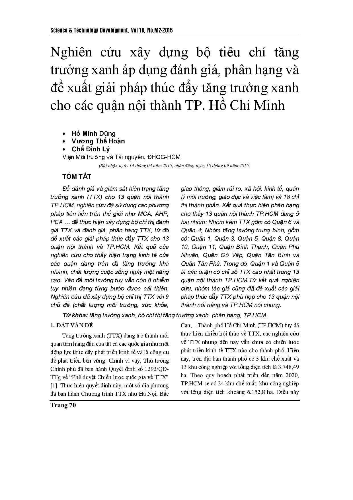 Nghiên cứu xây dựng tiêu chí tăng trưởng xanh áp dụng đánh giá, xếp hạng và đề xuất giải pháp thúc đẩy các quận, huyện đô thị tăng trưởng xanh trên địa bàn Thành phố Hồ Chí Minh