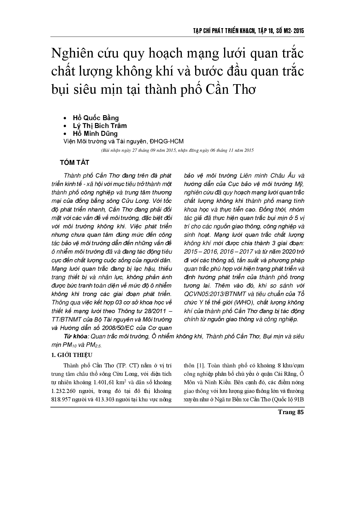 Nghiên cứu quy hoạch hệ thống quan trắc chất lượng không khí và quan trắc sơ bộ hạt siêu mịn thành phố Cần Thơ