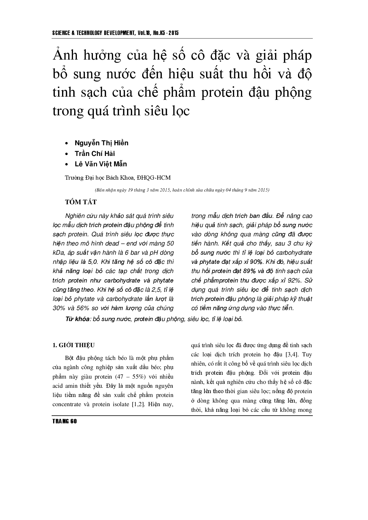 Ảnh hưởng của yếu tố nồng độ và độ lọc đến năng suất thu hồi protein và độ tinh khiết của quá trình chuẩn bị protein đậu phộng bằng siêu lọc