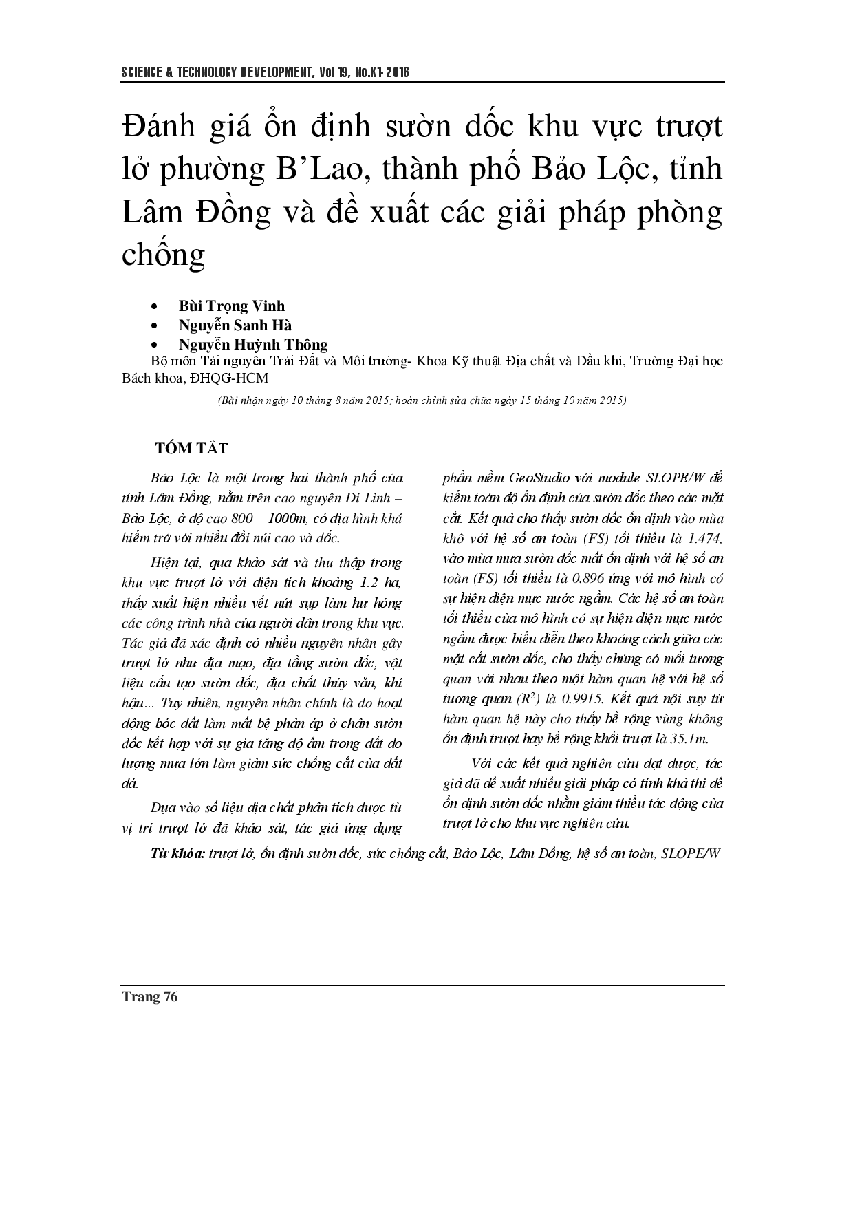 Đánh giá ổn định mái dốc khu vực sạt lở tại B''LaoWard, TP Bảo Lộc, tỉnh Lâm Đồng và các giải pháp phòng chống sạt lở