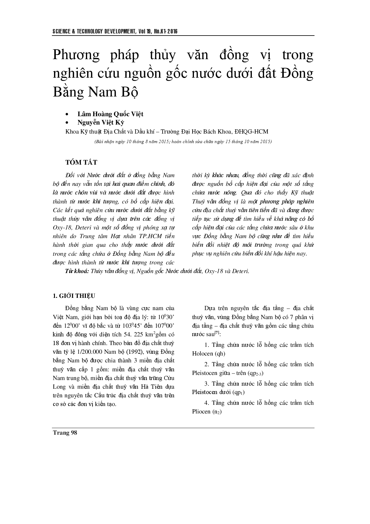 Phương pháp thủy văn đồng vị ứng dụng nghiên cứu nước ngầm vùng đồng bằng Nam Bộ