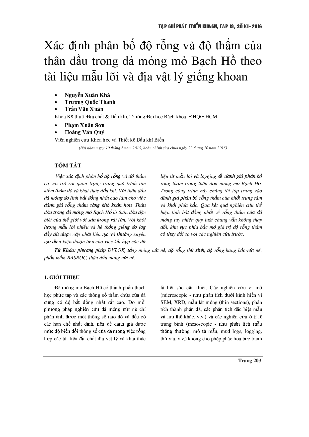 Phân bố độ xốp và độ thấm trong vỉa tầng hầm nứt nẻ của mỏ dầu Bạch Hổ theo lõi và dữ liệu ghi chép